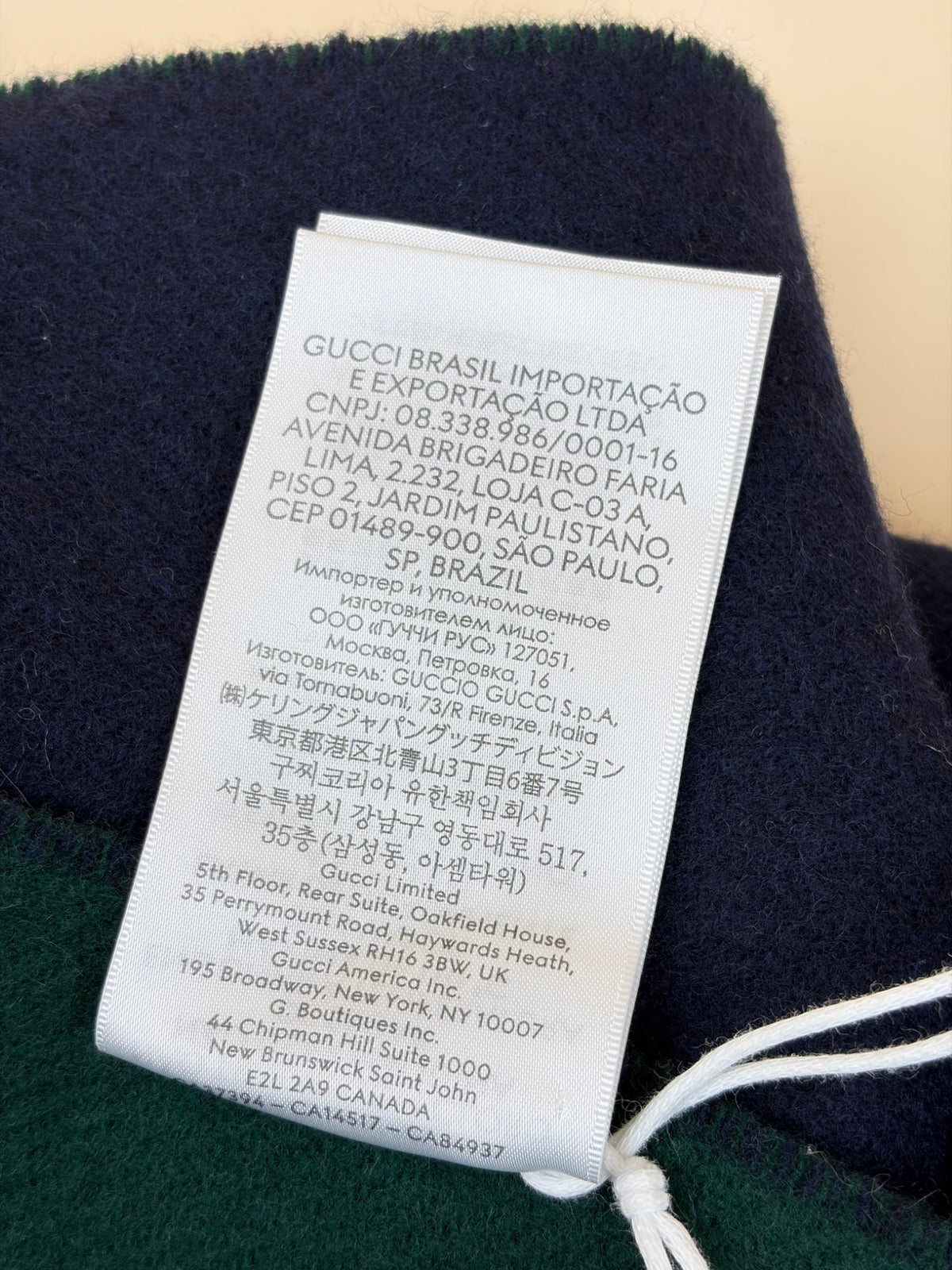 Gucci script in blue/green wool cashmere scarf
