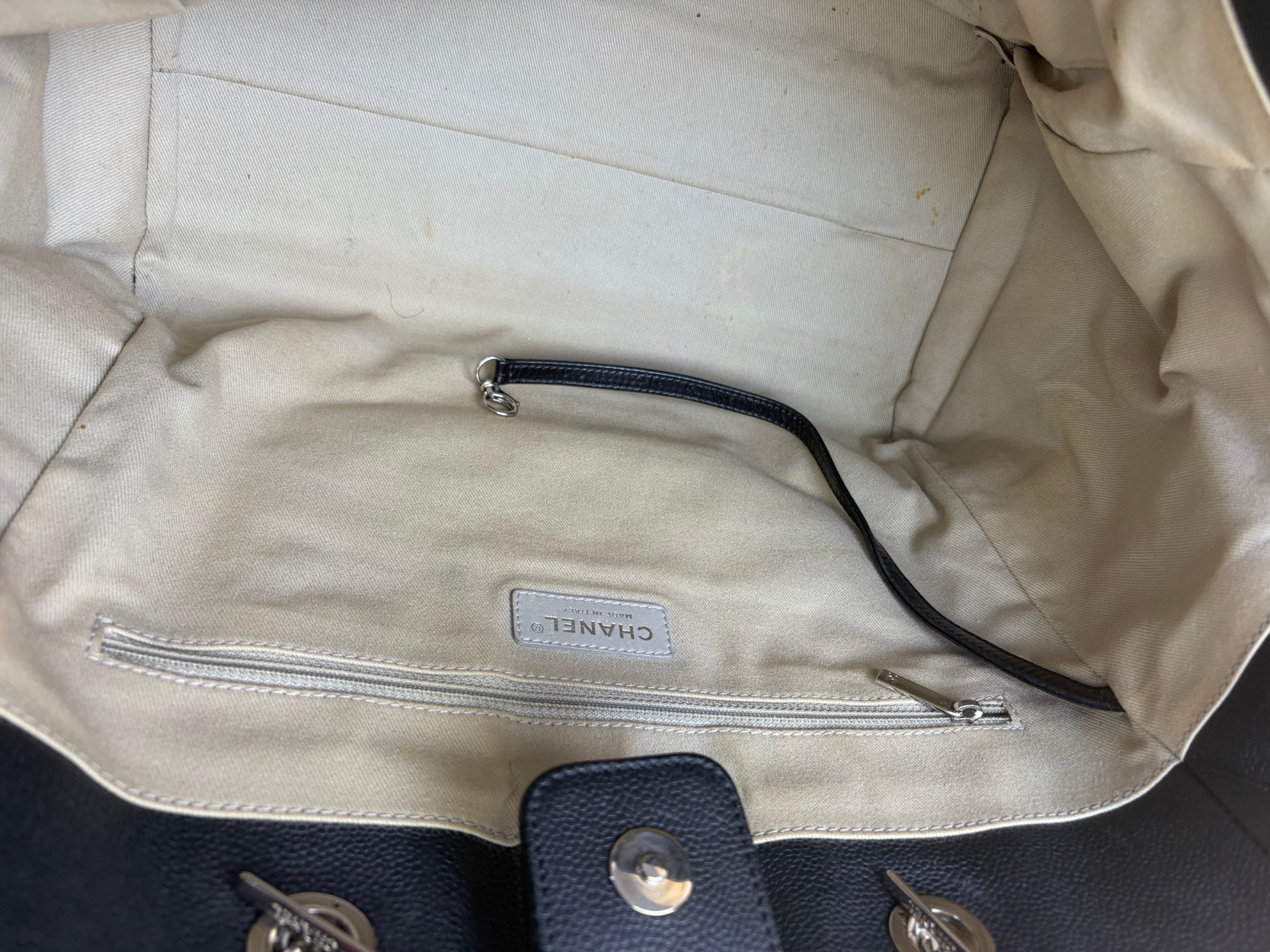 Chanel glazed calfskin medium black Deauville tote shoulder bag