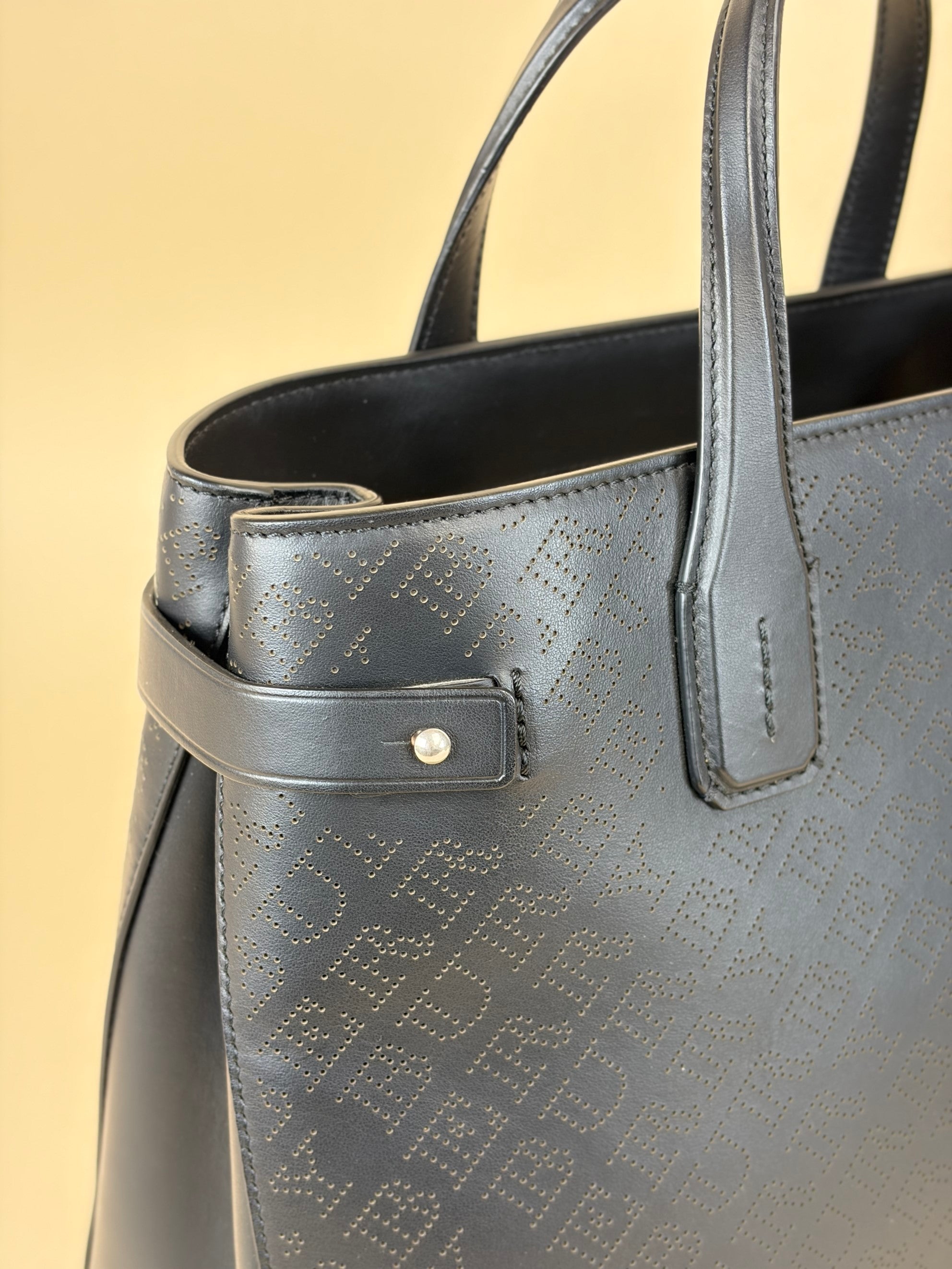 Burberry Black perforated leather logo banner medium tote bag