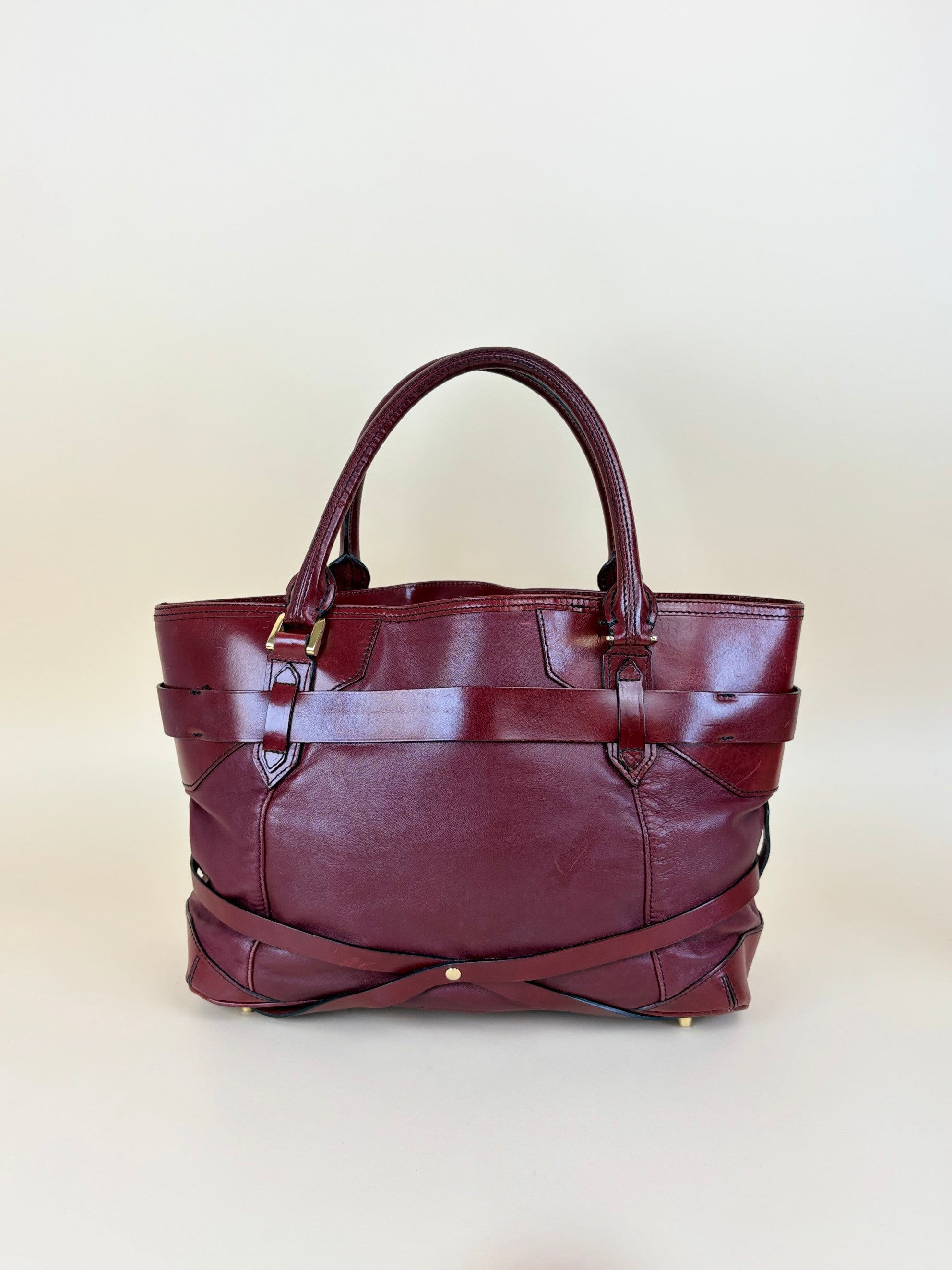 Burberry burgundy soft leather lambskin inhere medium tote bag
