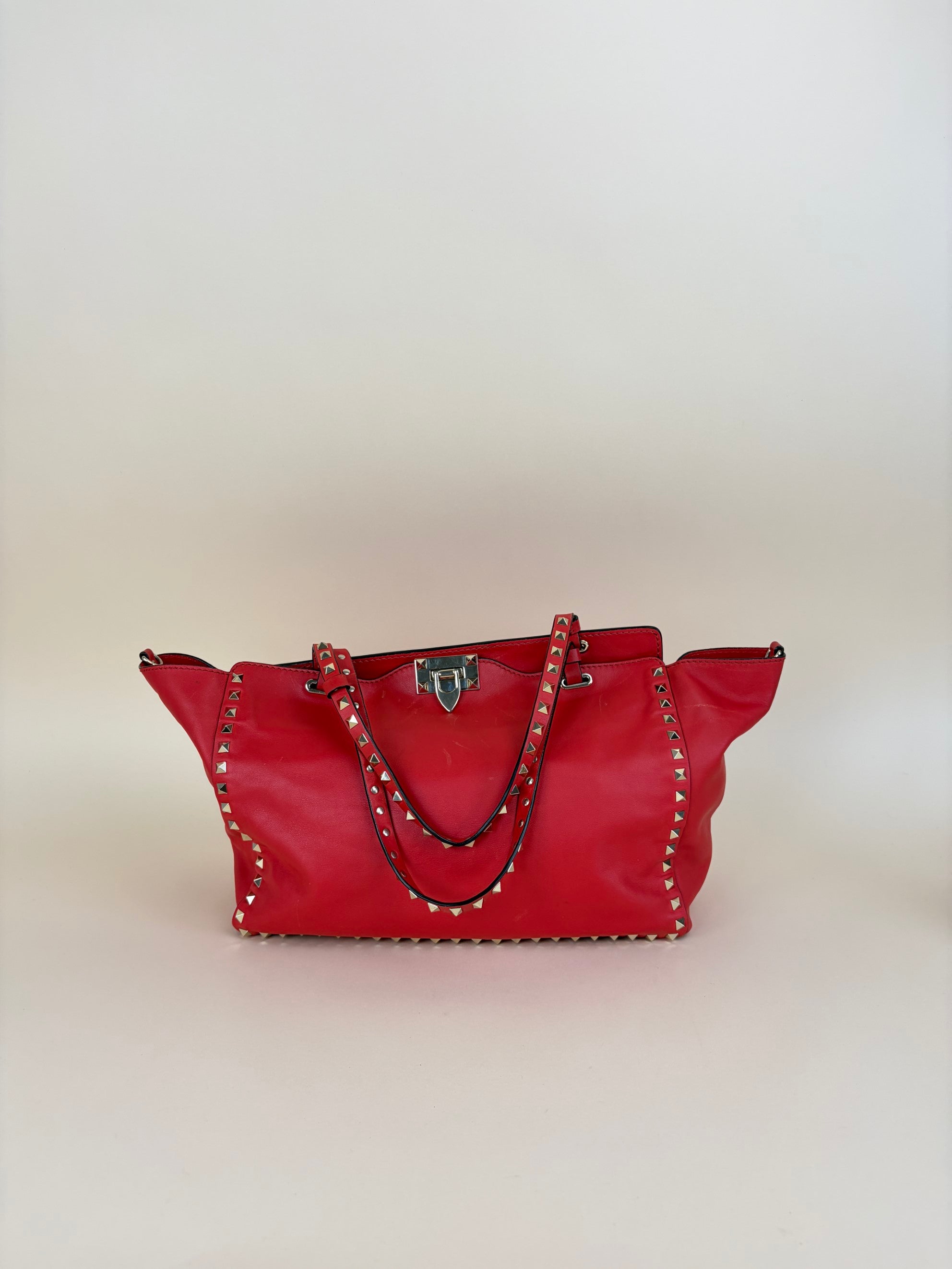 Valentino Gravano red soft leather rock stud medium tote bag