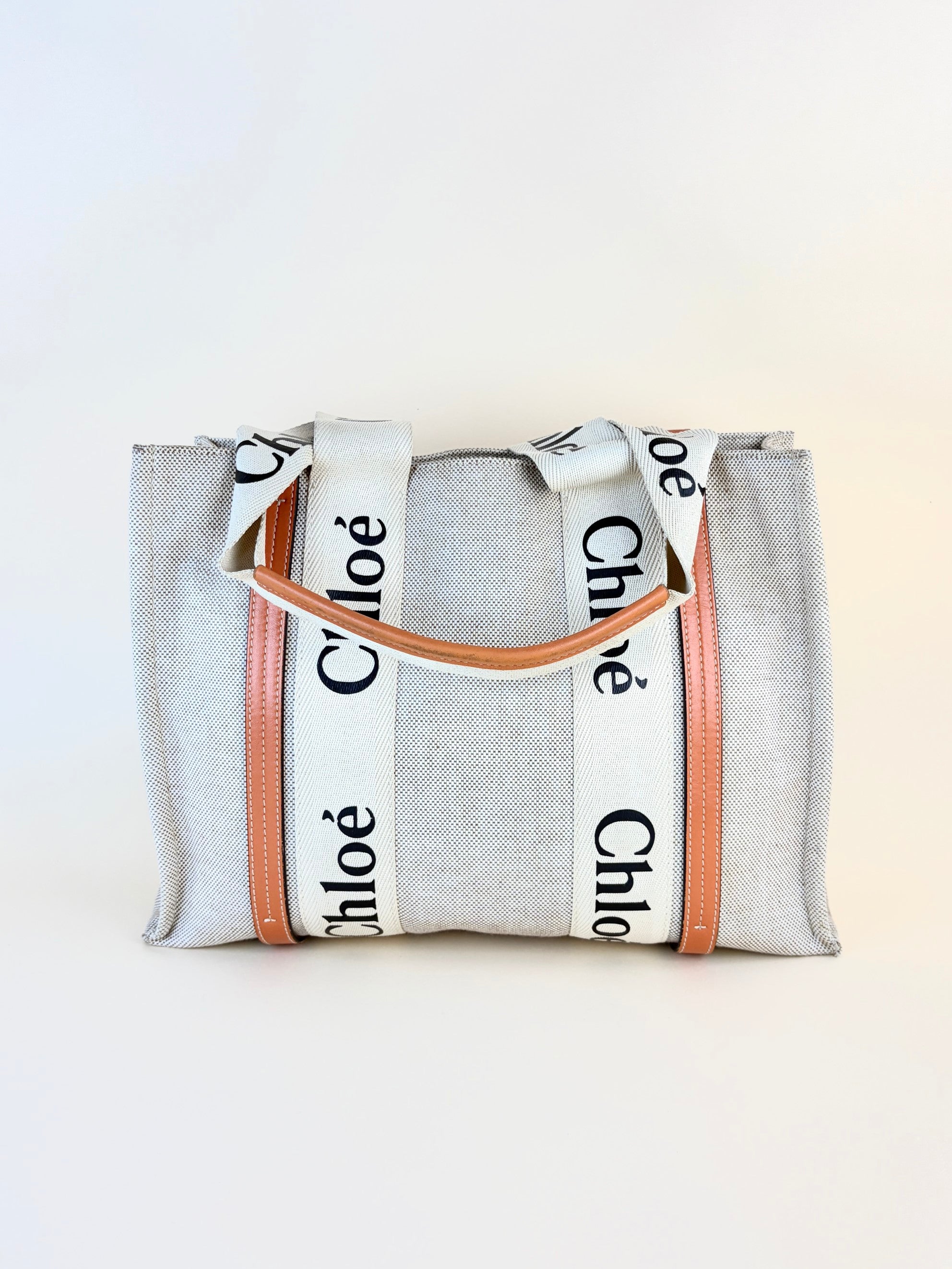 Chloe orange calfskin beige linen canvas woody medium bag