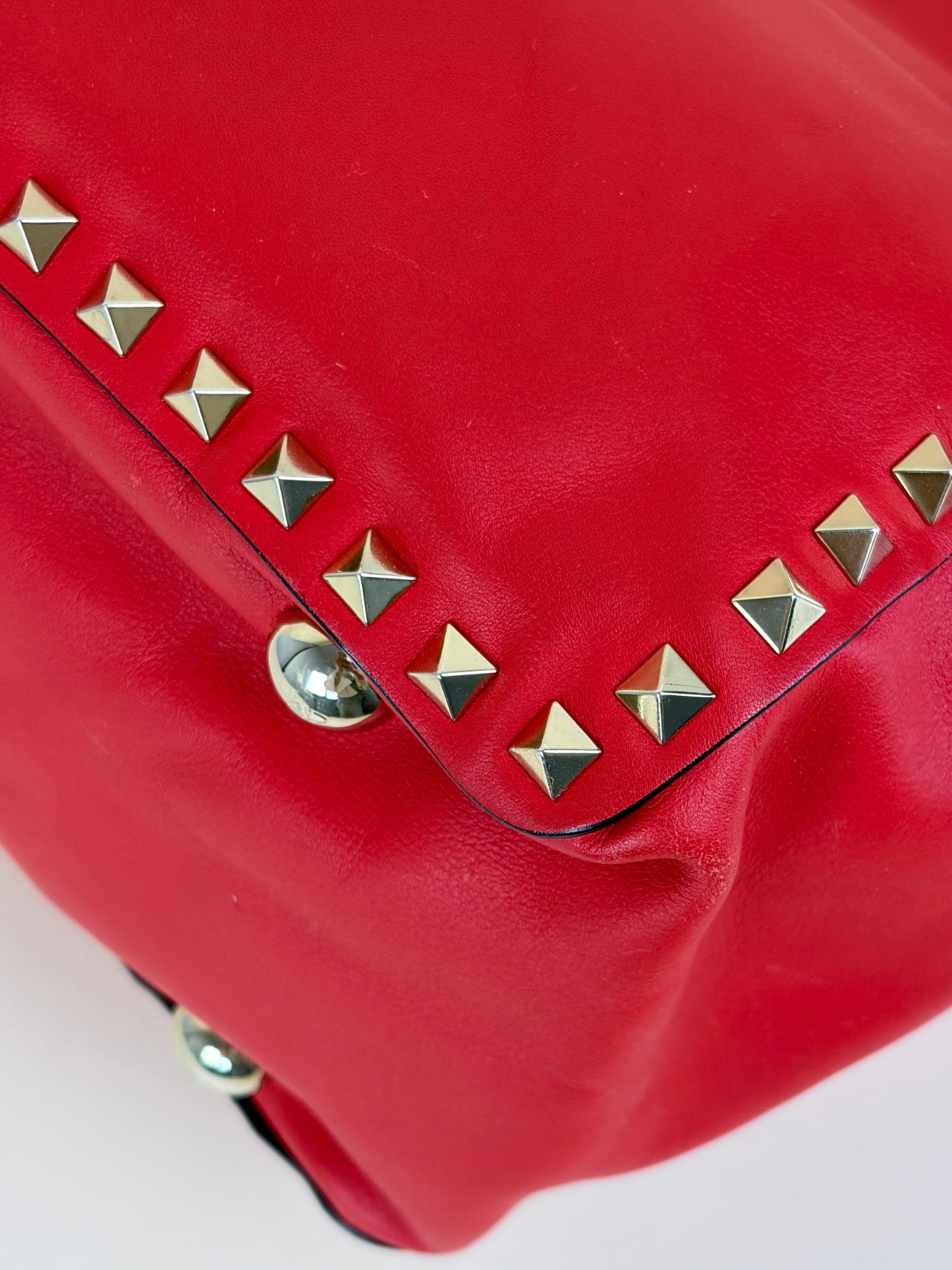 Valentino Gravano red soft leather rock stud medium tote bag