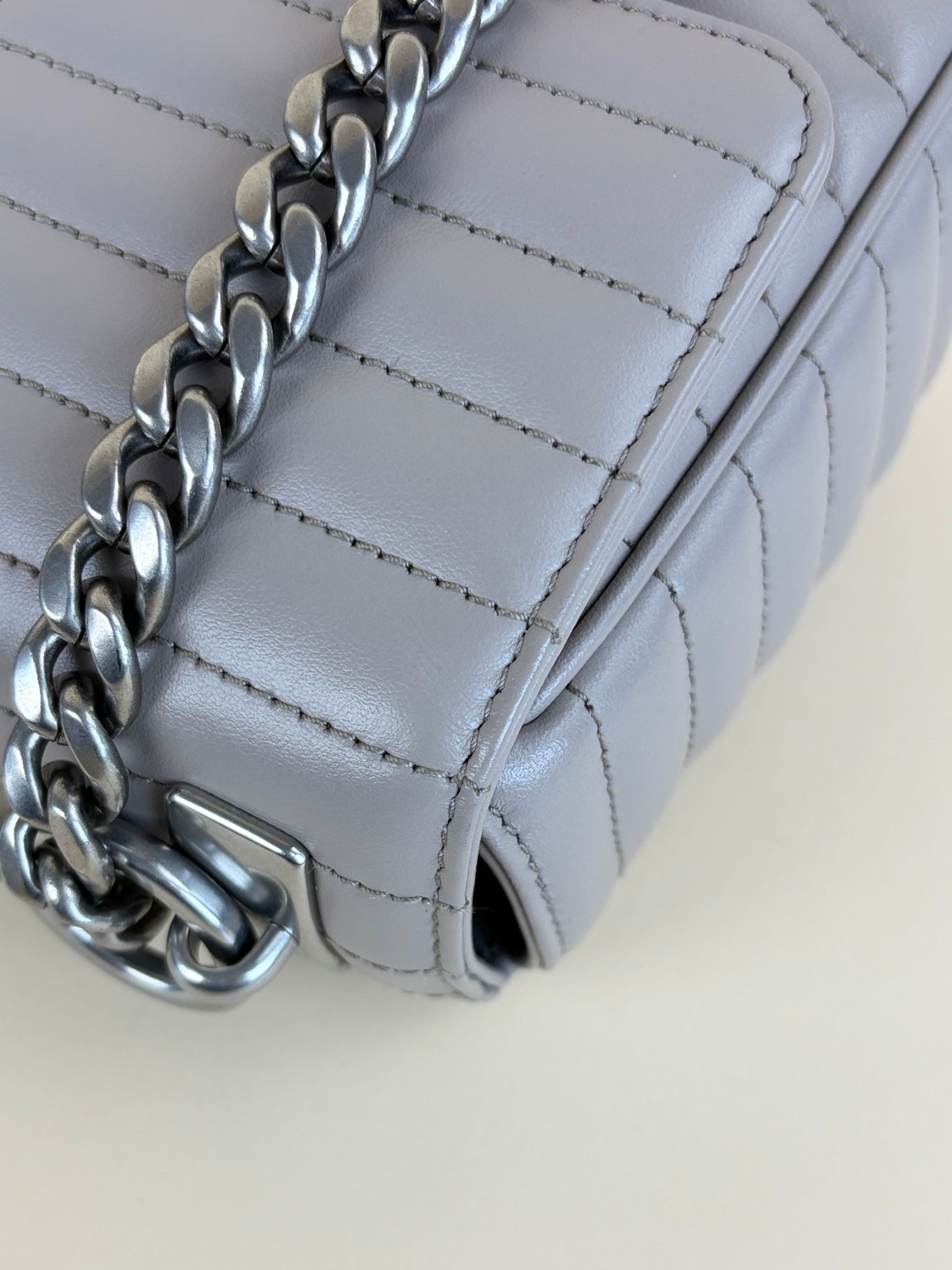 Prada grey soft calfskin imposture diagrammed medium chain flap