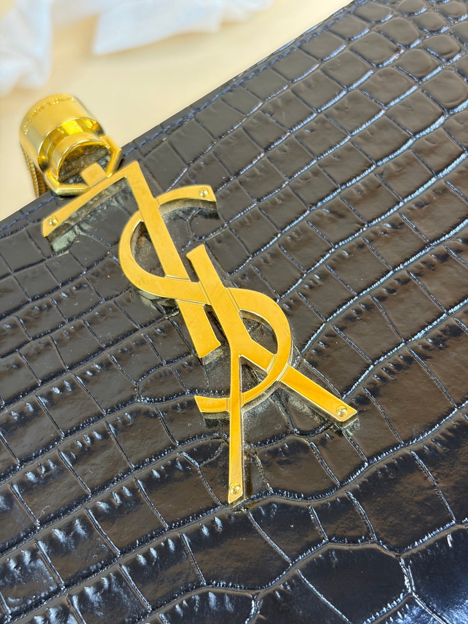 YSL Black Kate Tassel Crocodile Embossed Bag