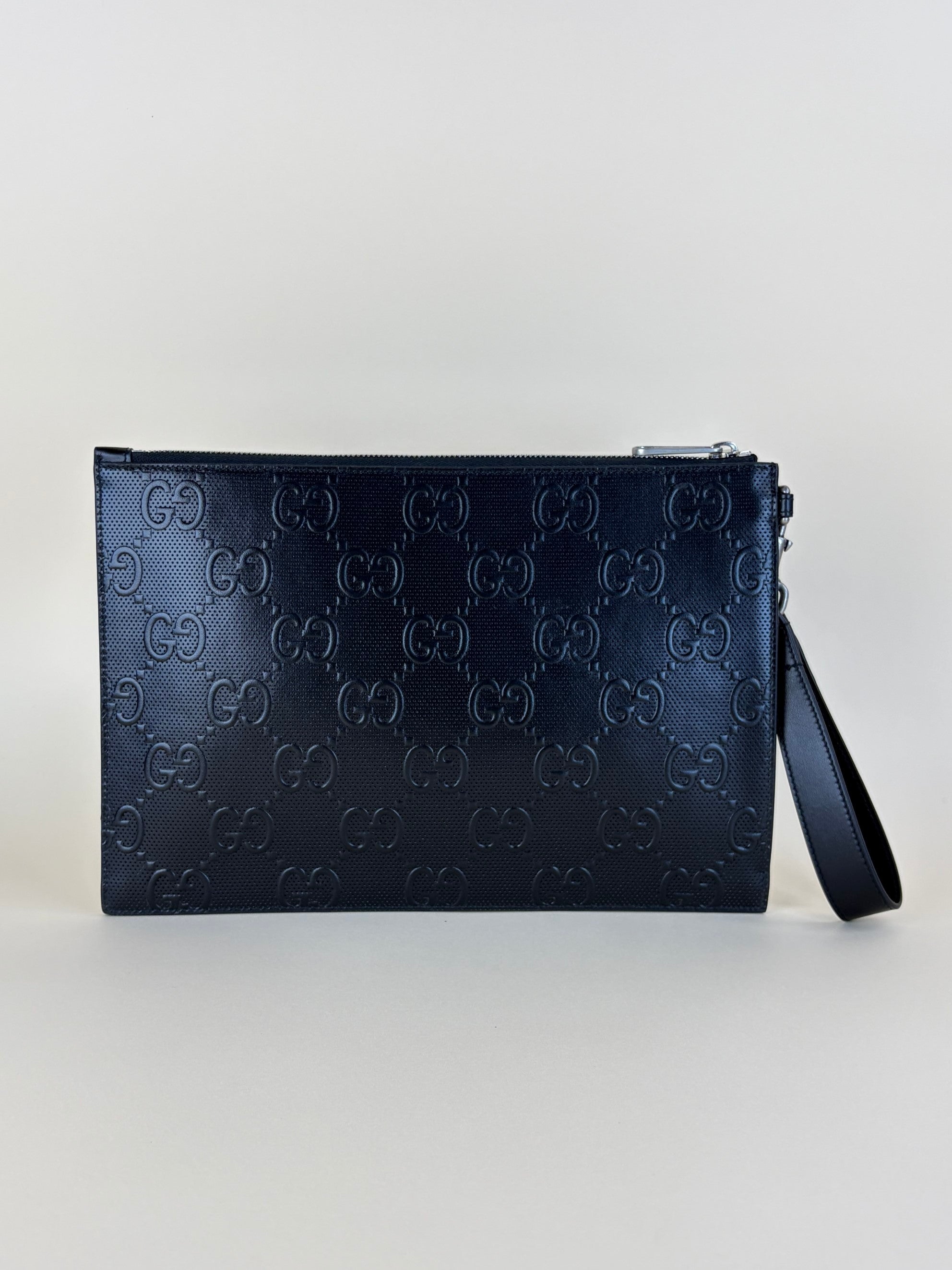 Gucci black calfskin gg tennis embossed wristlet pouch