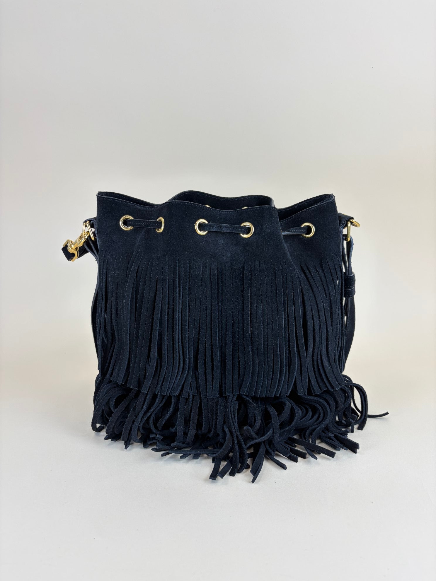 YSL Black Suede Emmanuelle Fringe Bucket Bag