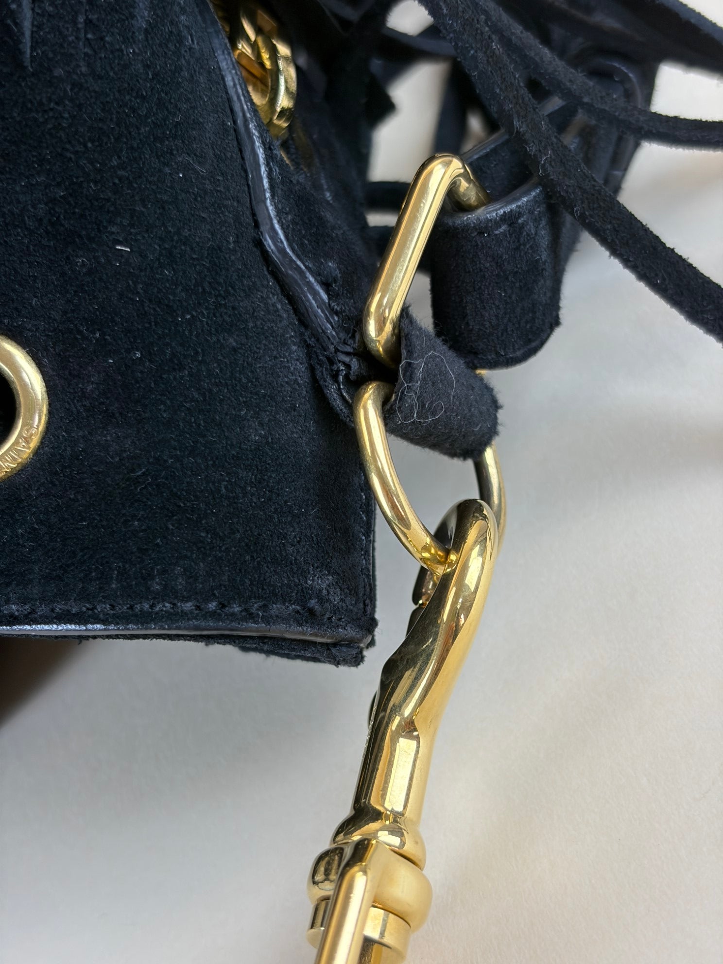 YSL Black Suede Emmanuelle Fringe Bucket Bag