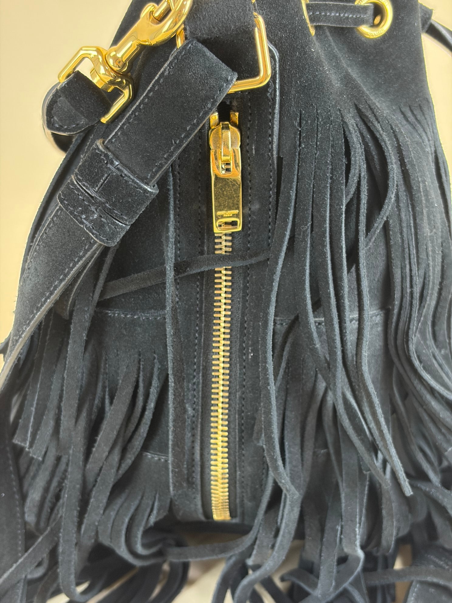 YSL Black Suede Emmanuelle Fringe Bucket Bag