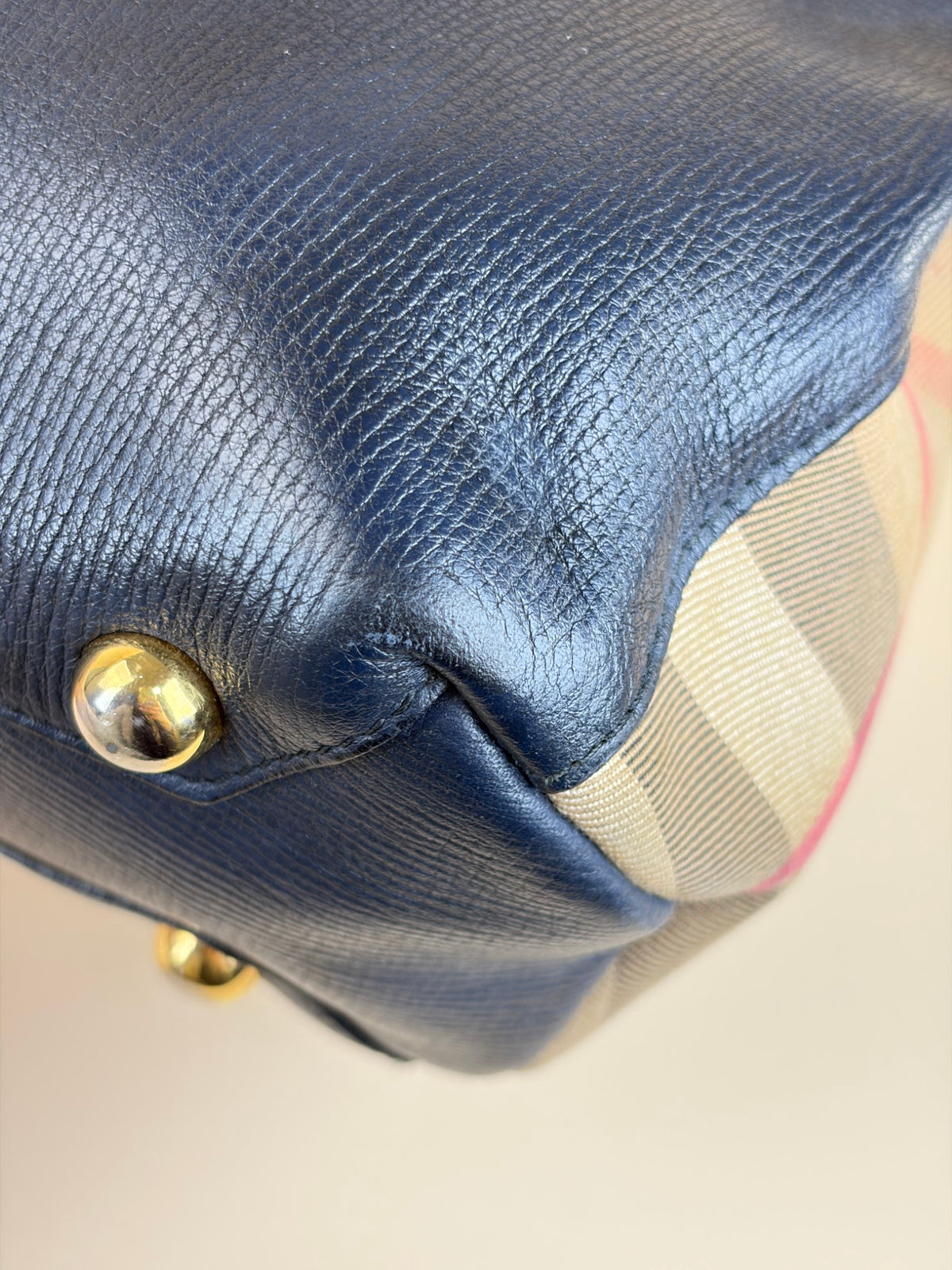 Burberry banner grainy calfskin house check small tote nave blue bag
