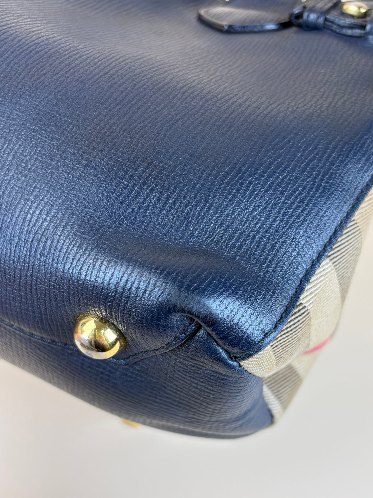 Burberry banner grainy calfskin house check small tote nave blue bag