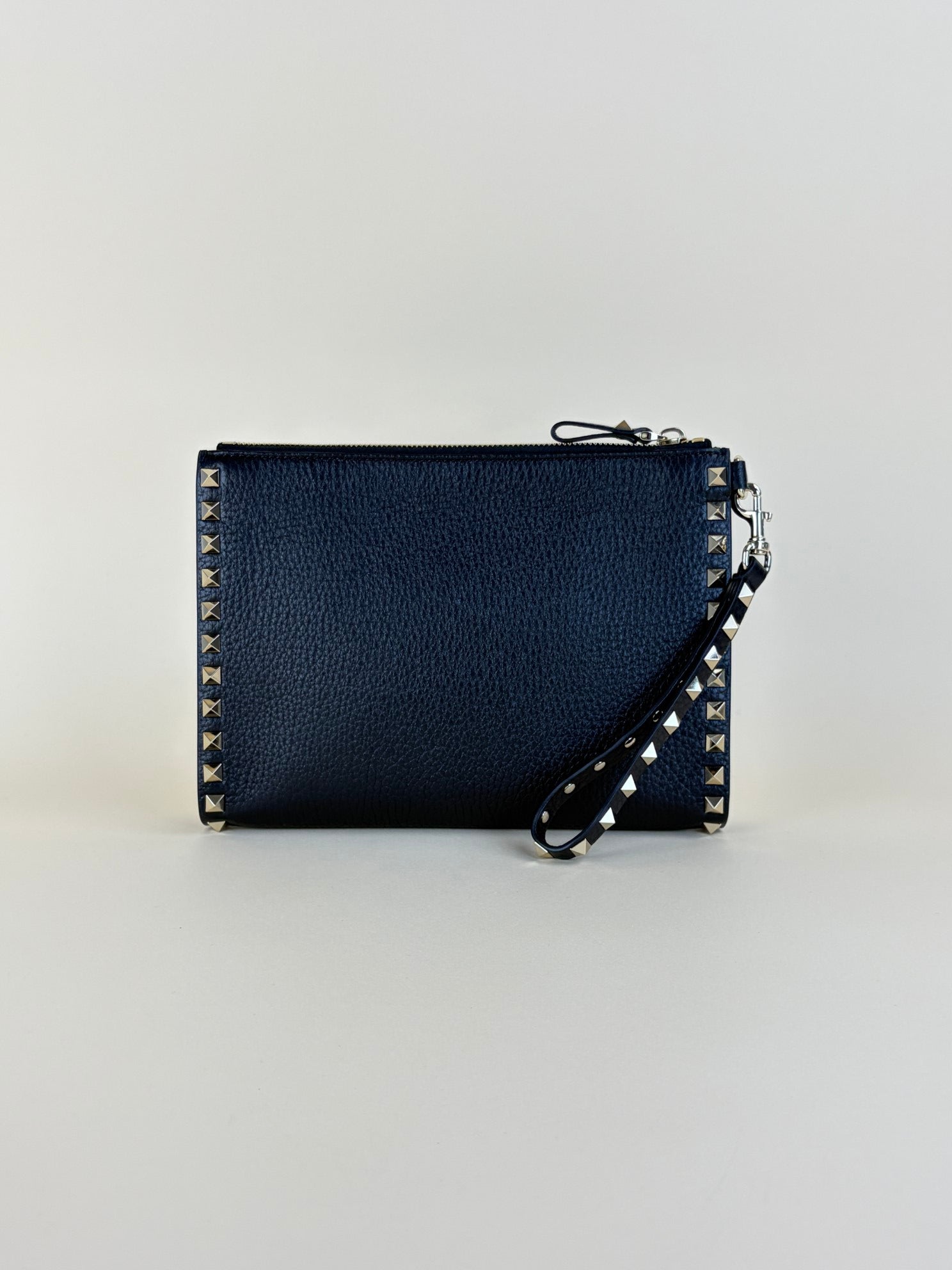 Valentino Black pebbled calfskin rockstud medium zip pouch