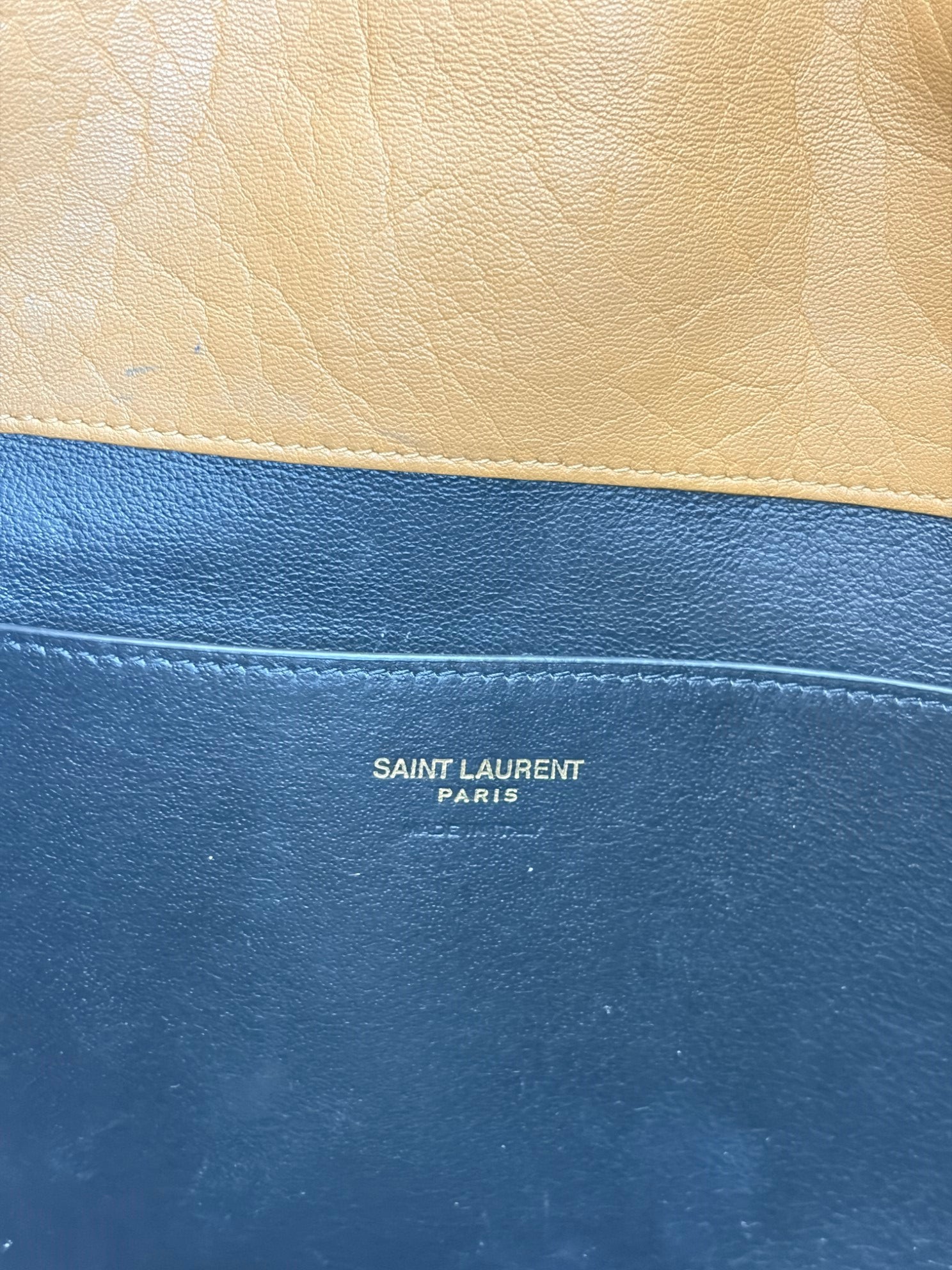 YSL camel lambskin Cassandre large envelope pouch