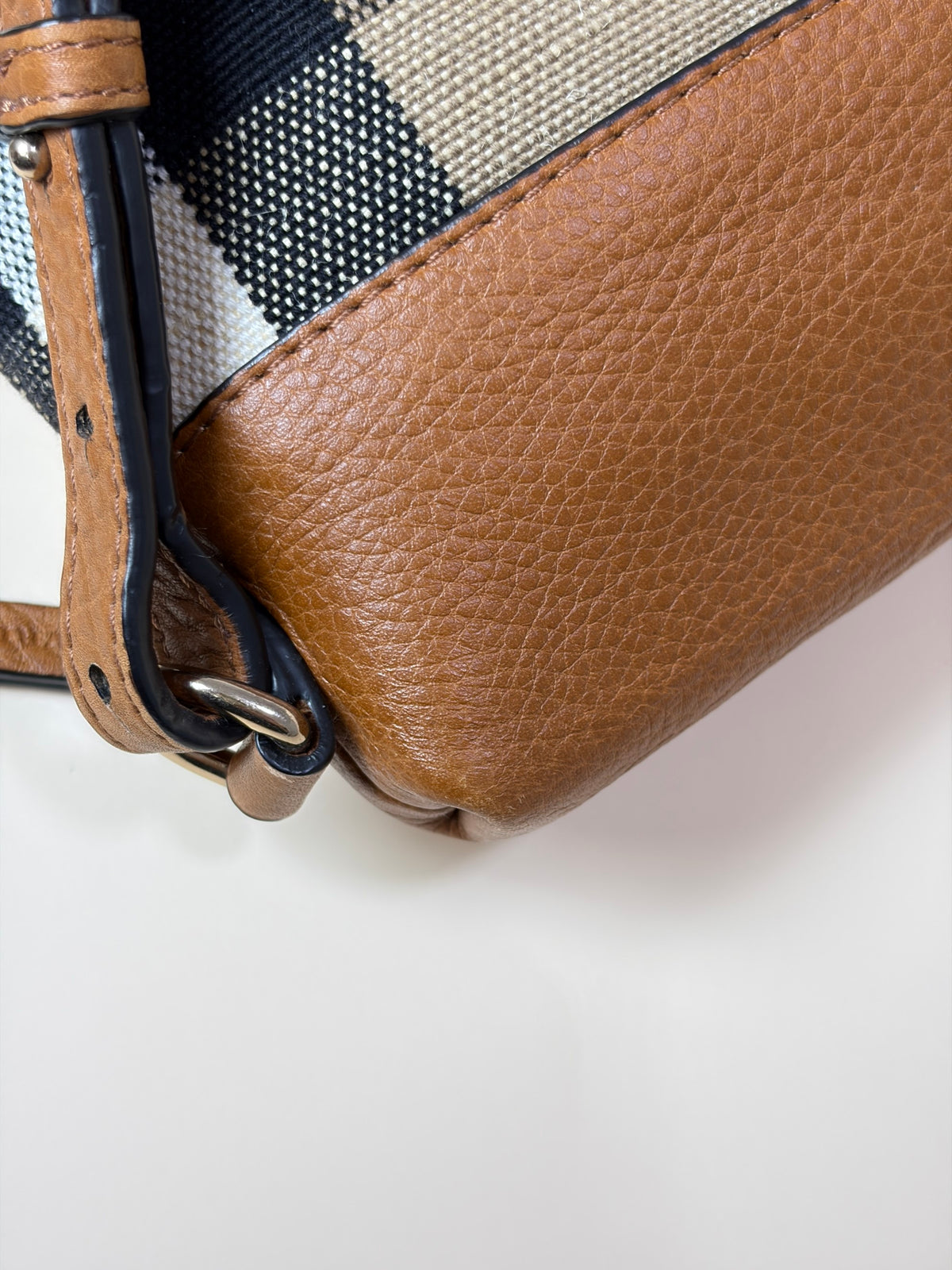 Burberry brown leather house check canvas small Farley bag