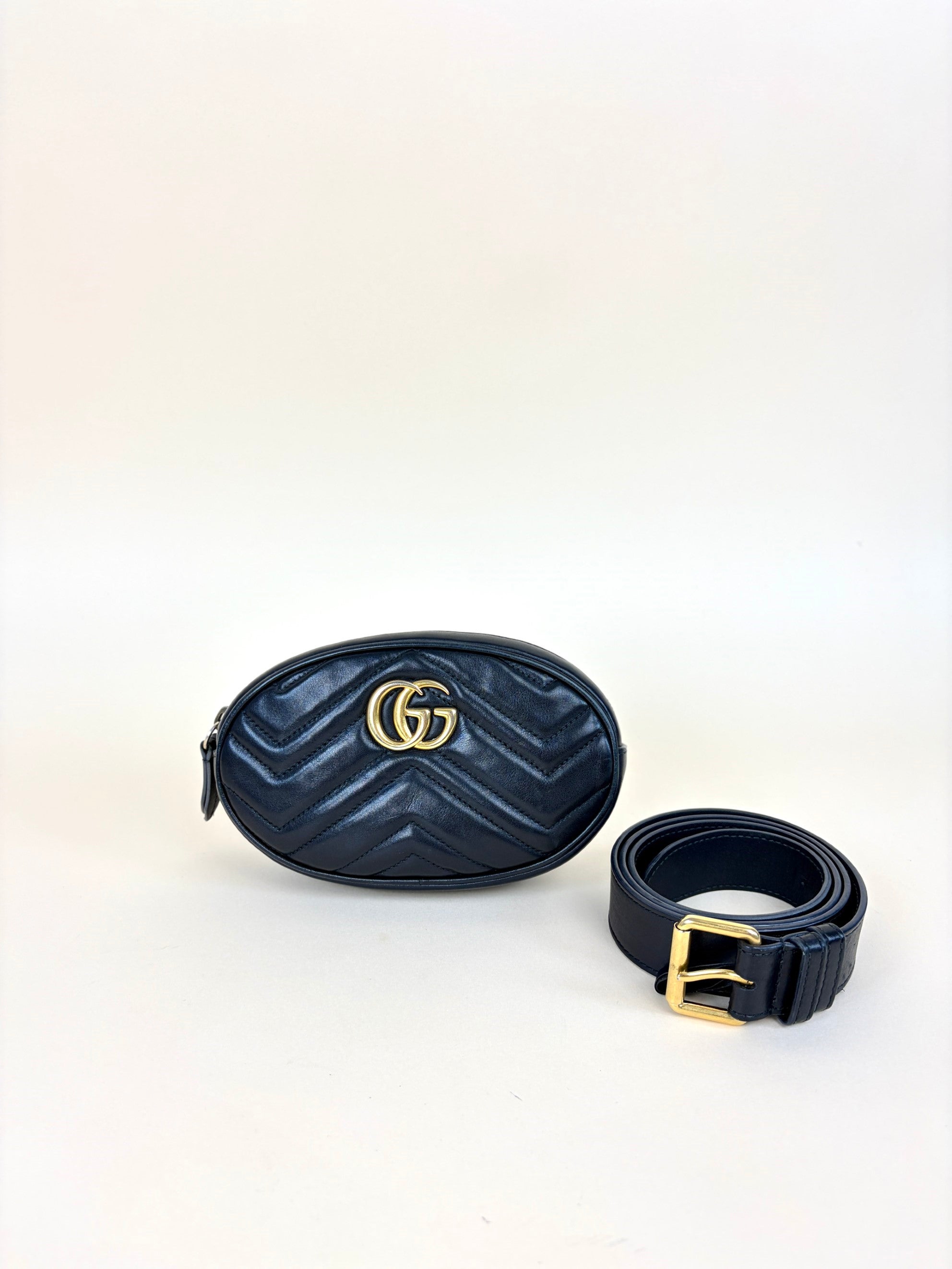 Gucci black calfskin matelassé GG Marmont belt bag