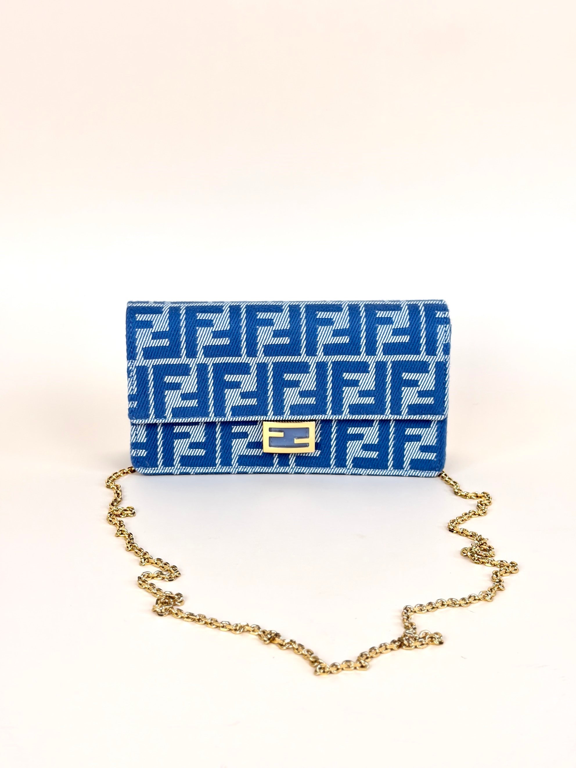 fendi baguette wallet on chain with strap jaquared slim denim calf white blue
