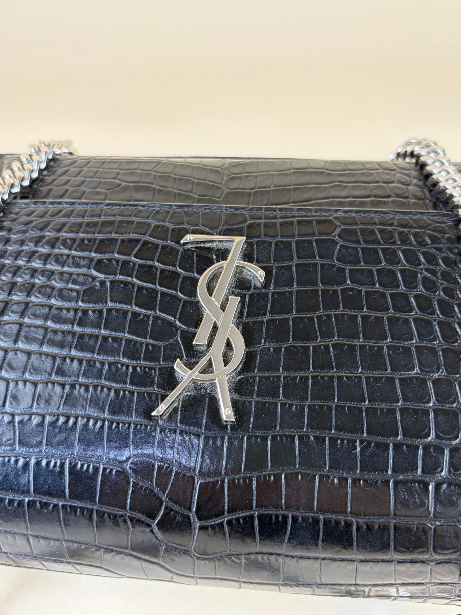 YSL black sunset crocodile medium shoulder bag