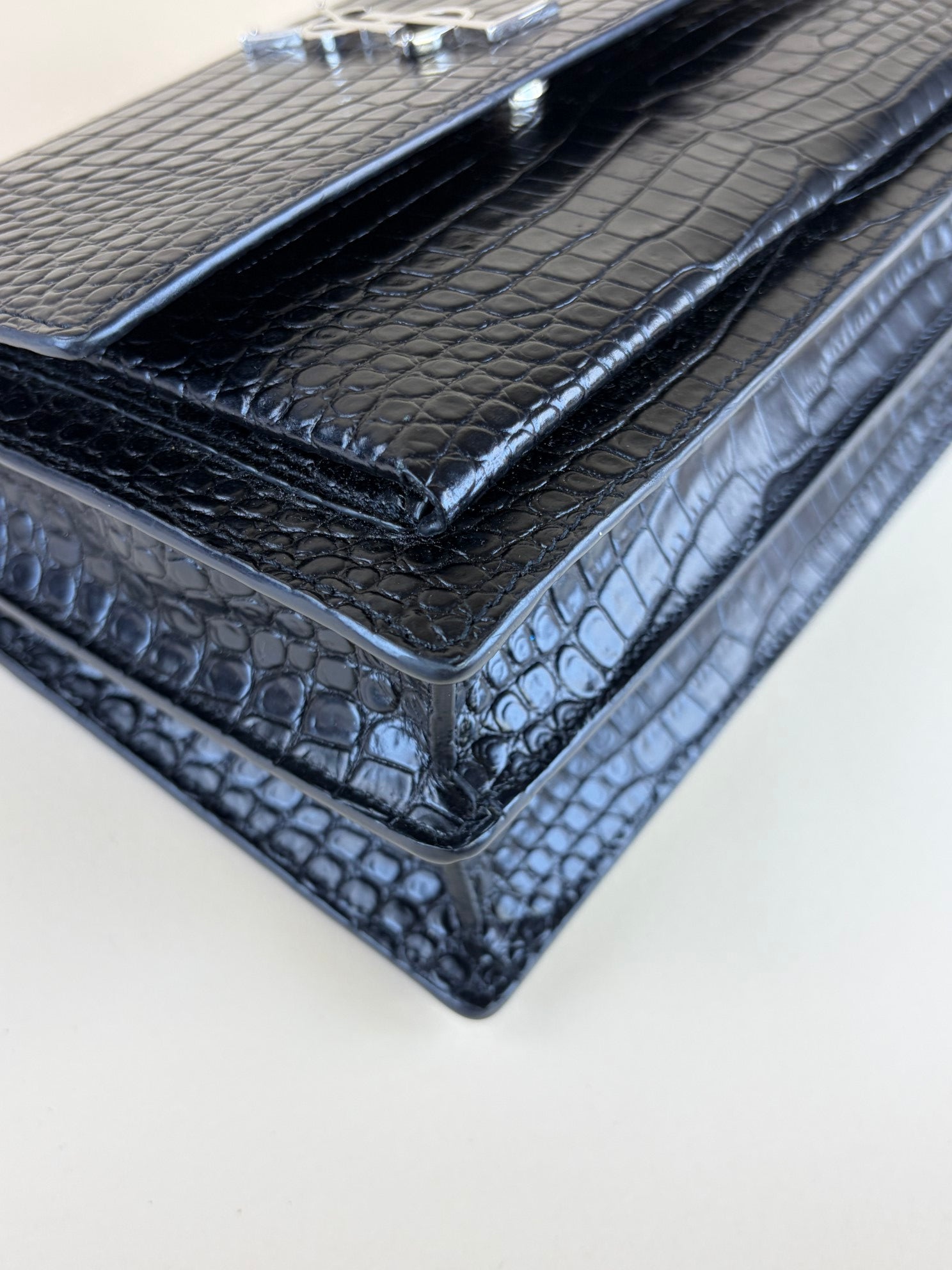 YSL black sunset crocodile medium shoulder bag