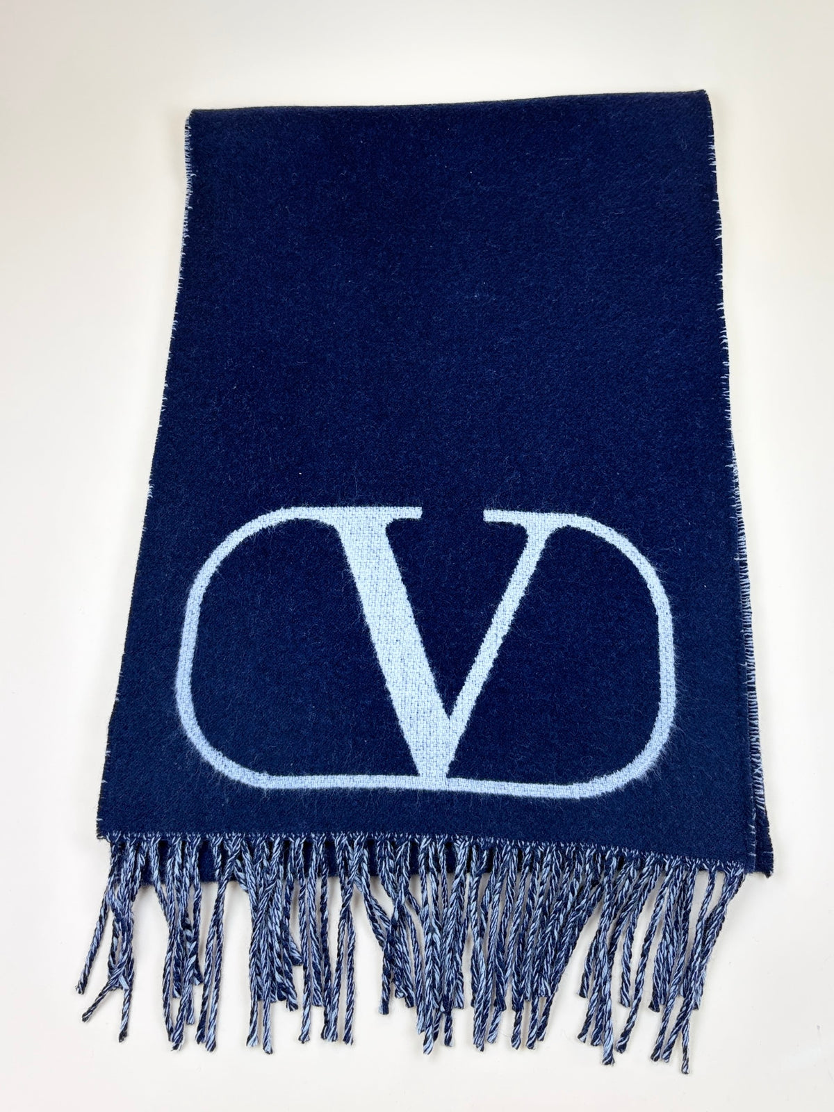 Valentino navy/grey V logo signature feayed edge wool cashmere scarf
