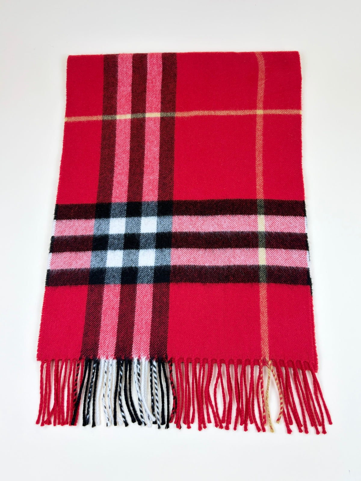 Burberry red check fringed cashmere scarf