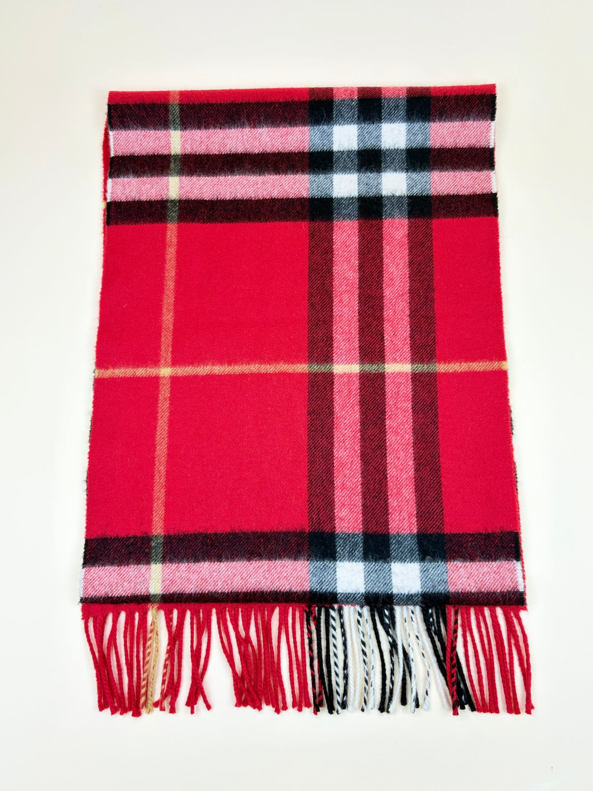 Burberry red check fringed cashmere scarf
