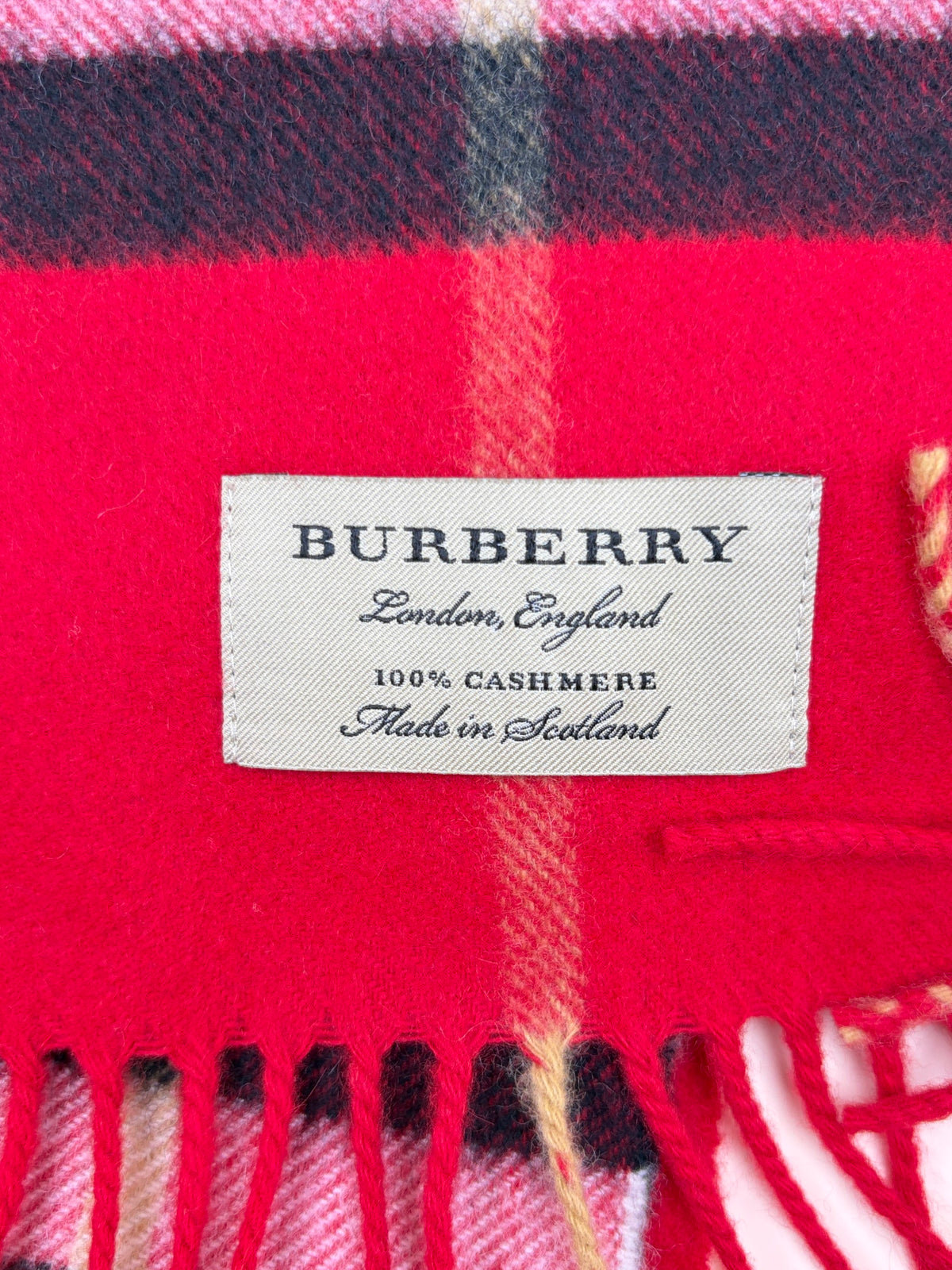 Burberry red check fringed cashmere scarf