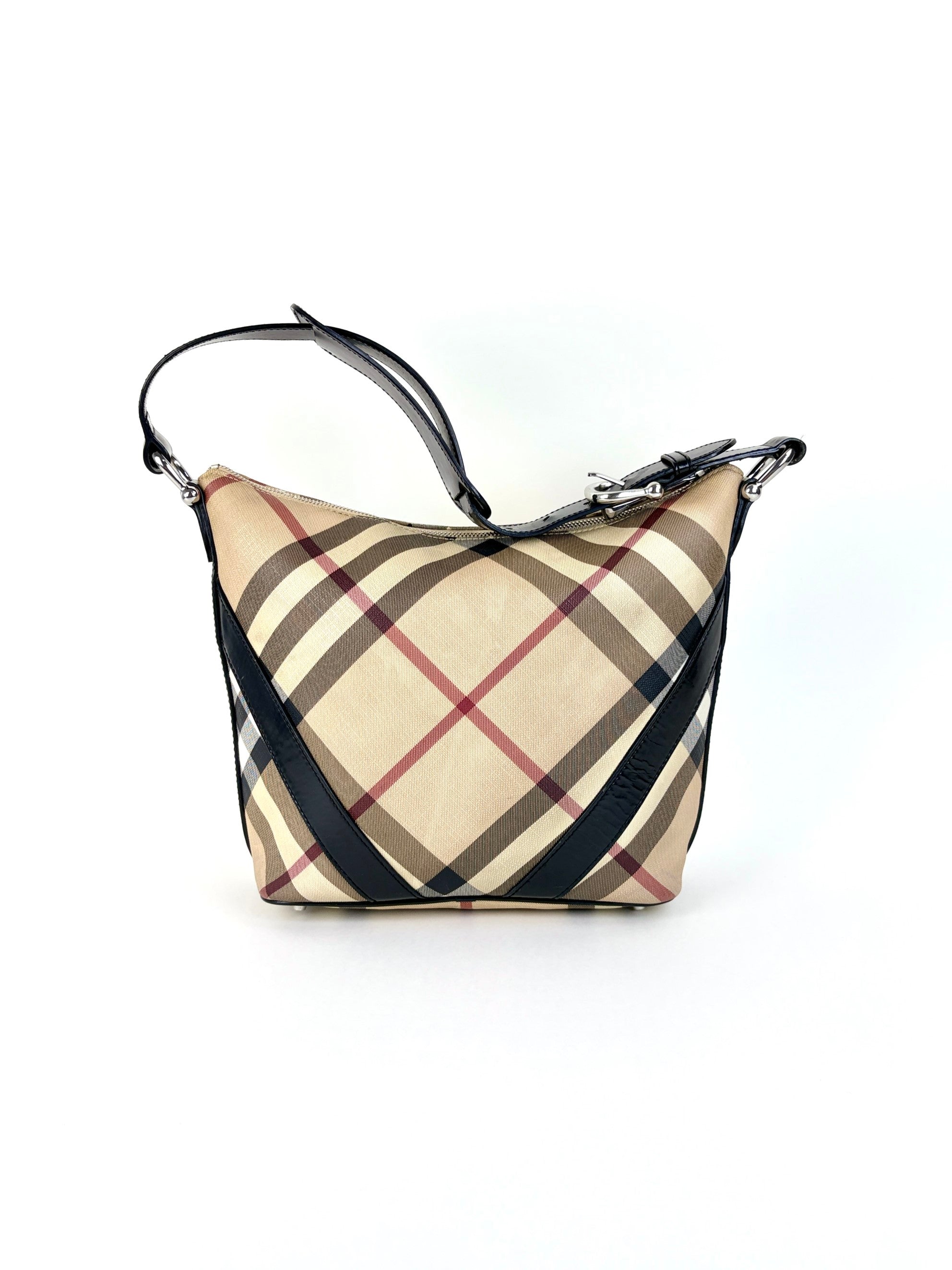 Burberry black leather nova check coated canvas buckle hobo bag