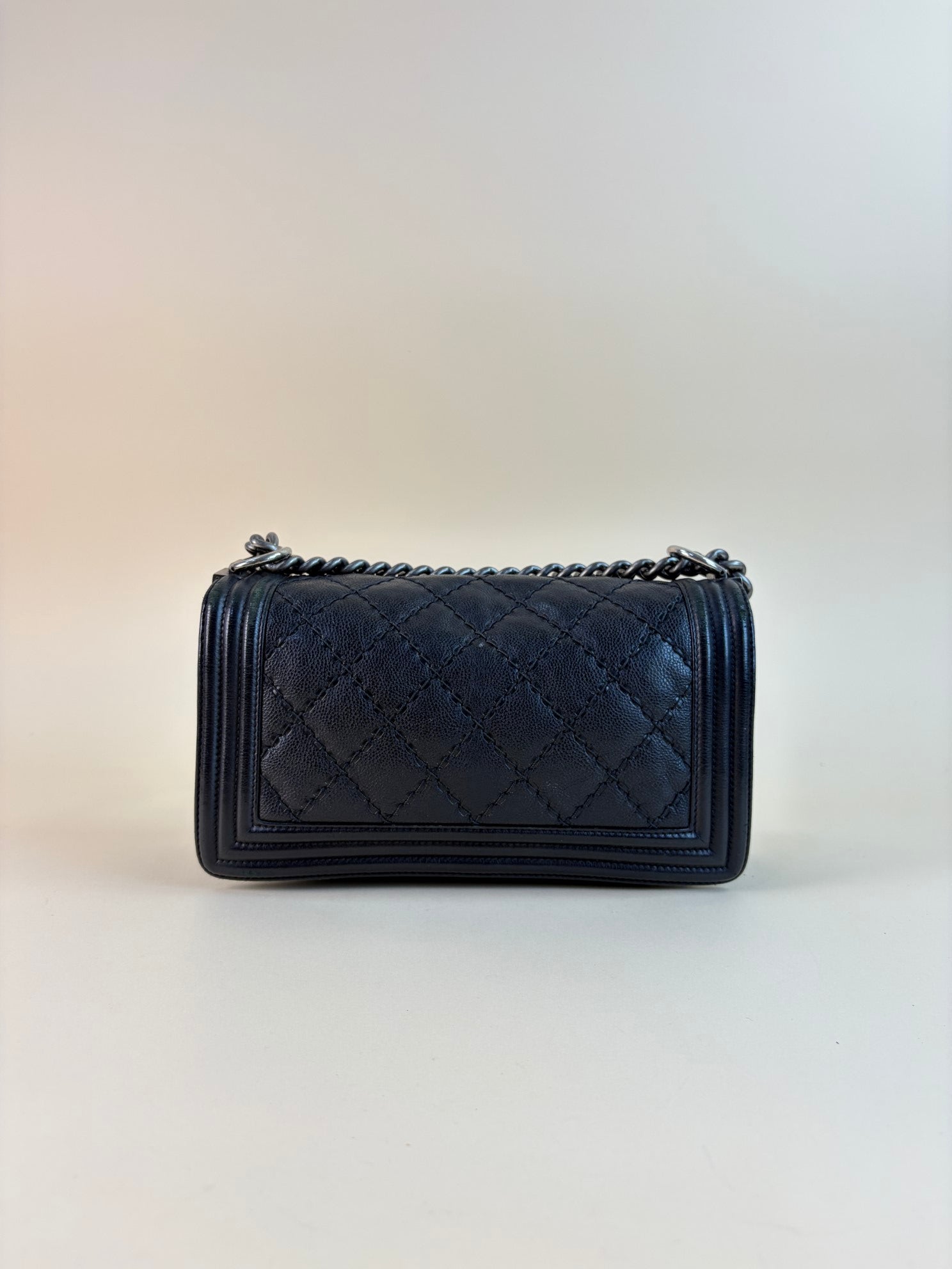 Chanel black boy calfskin double stitch medium flap bag