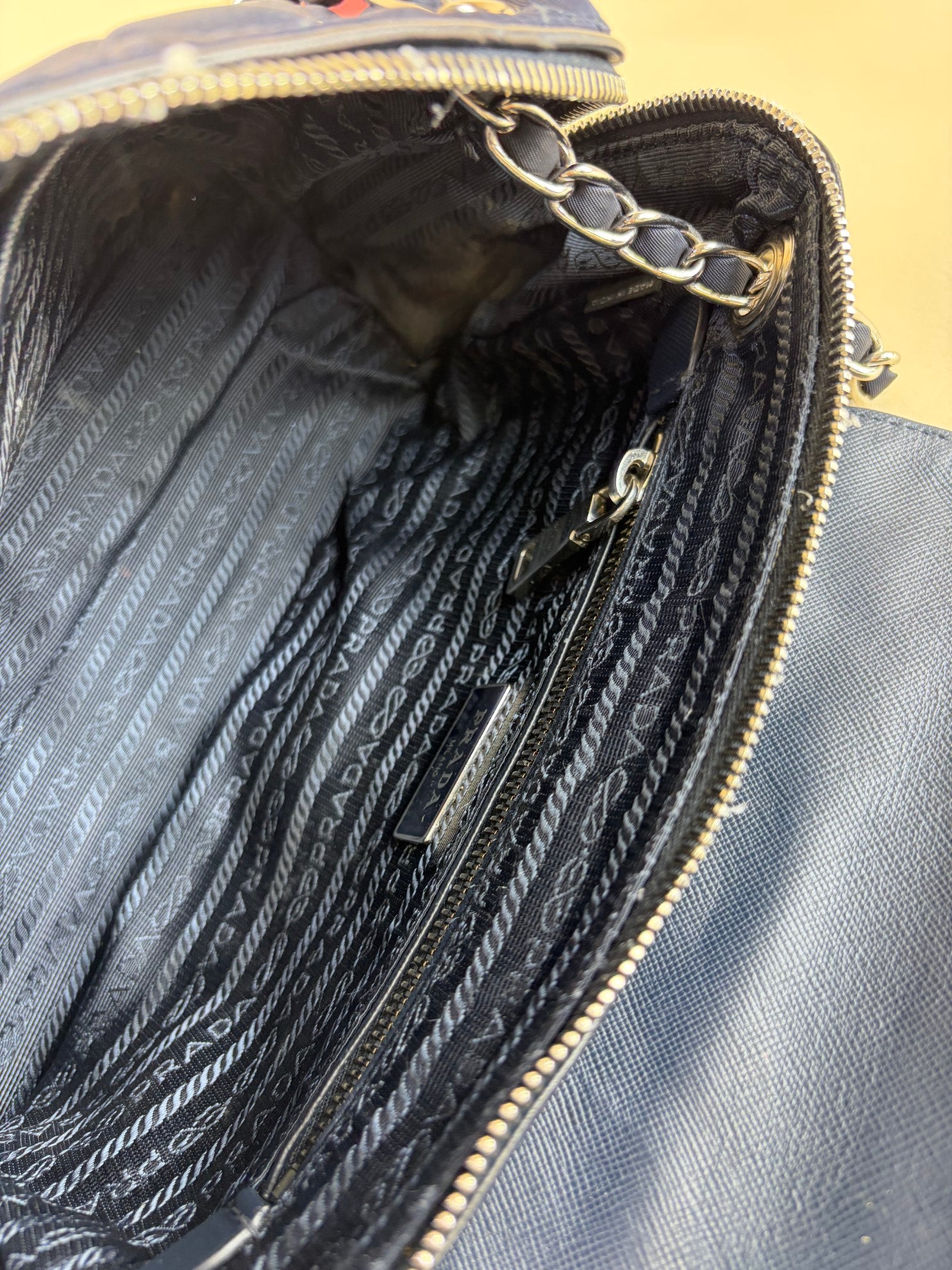 Prada Tessuto in puntu flap chain navy nylon