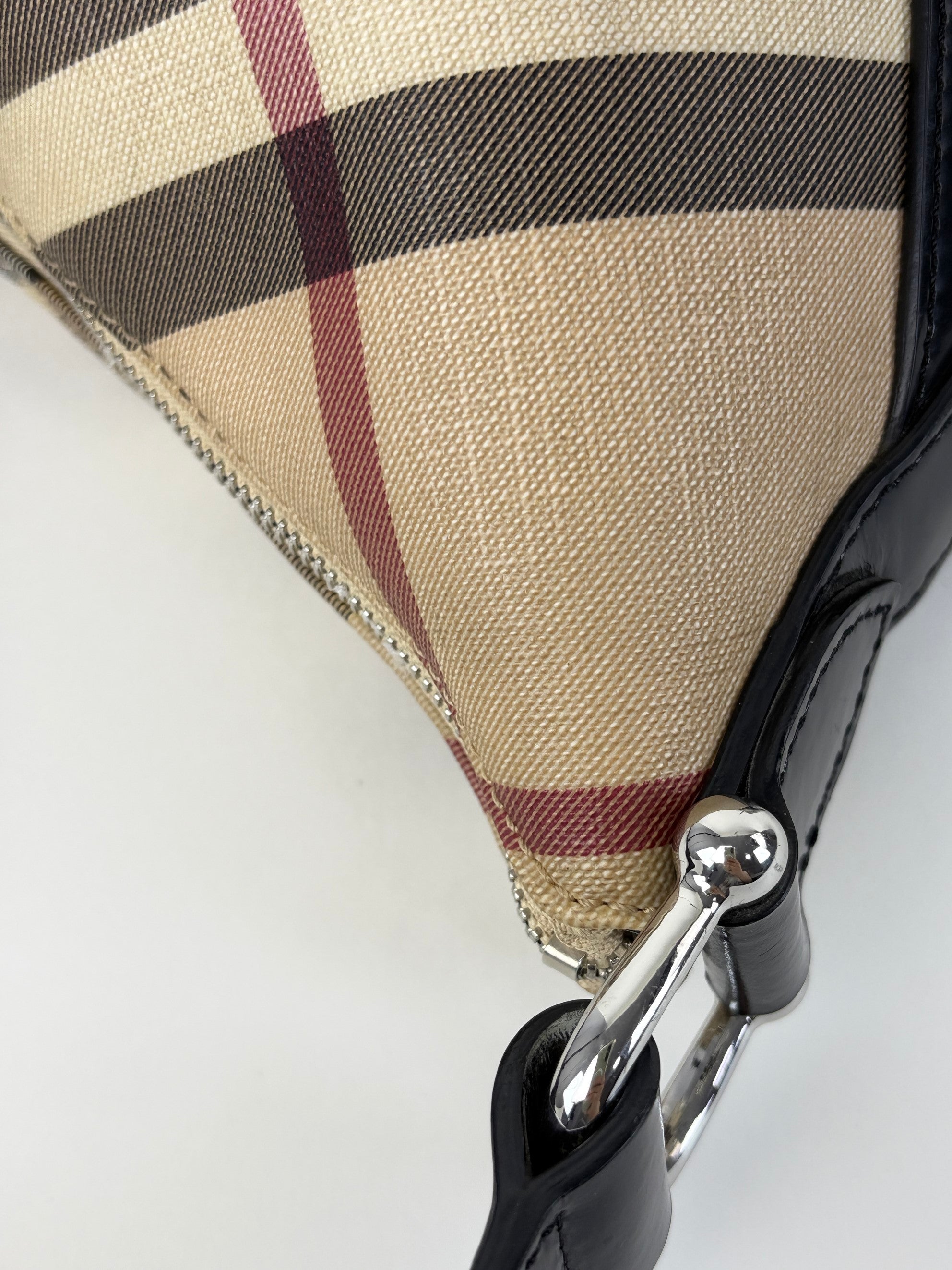 Burberry black leather nova check coated canvas buckle hobo bag
