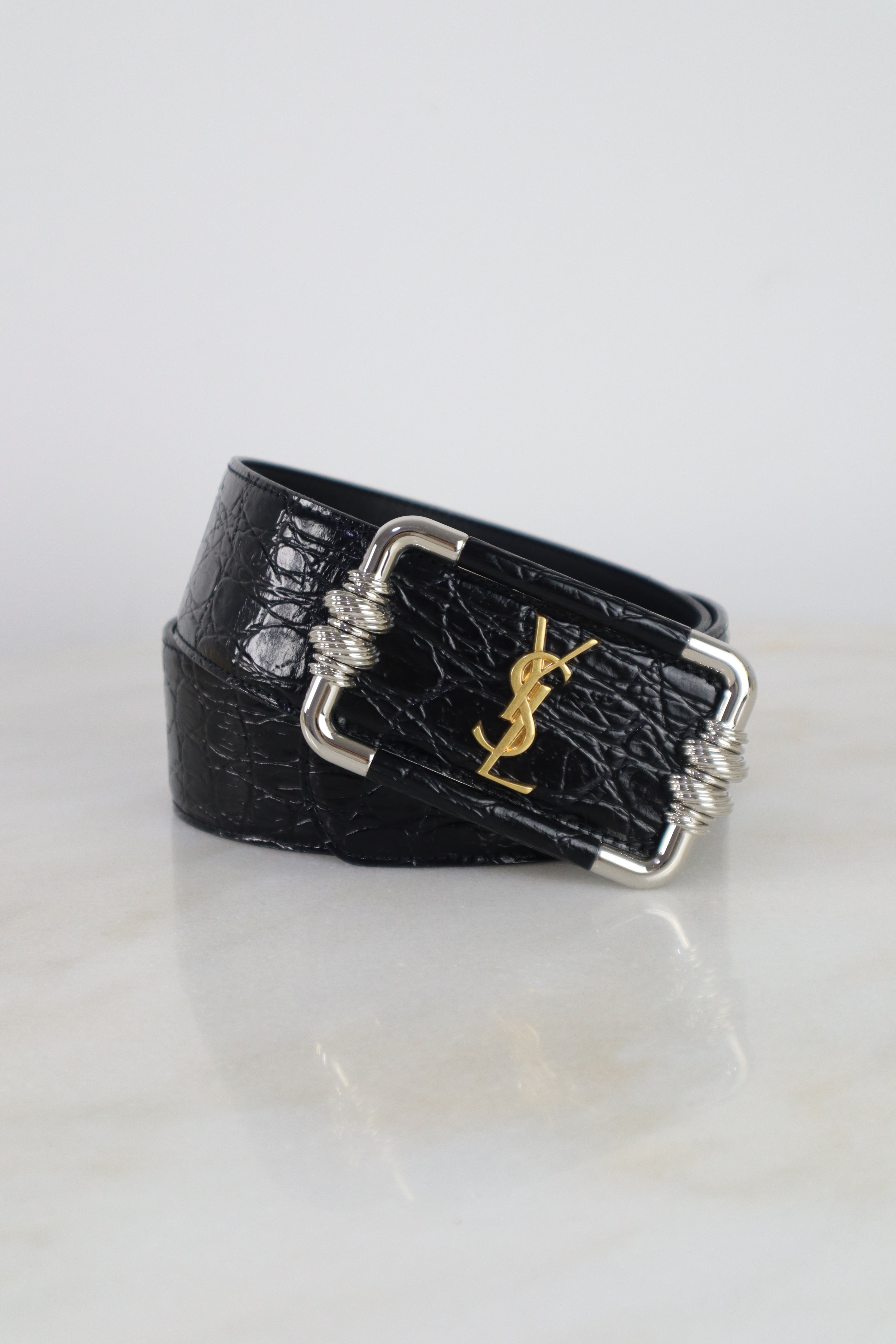 YSL Black Croco Embossed Leather Belt-Belt-YSL-The Closet Egypt