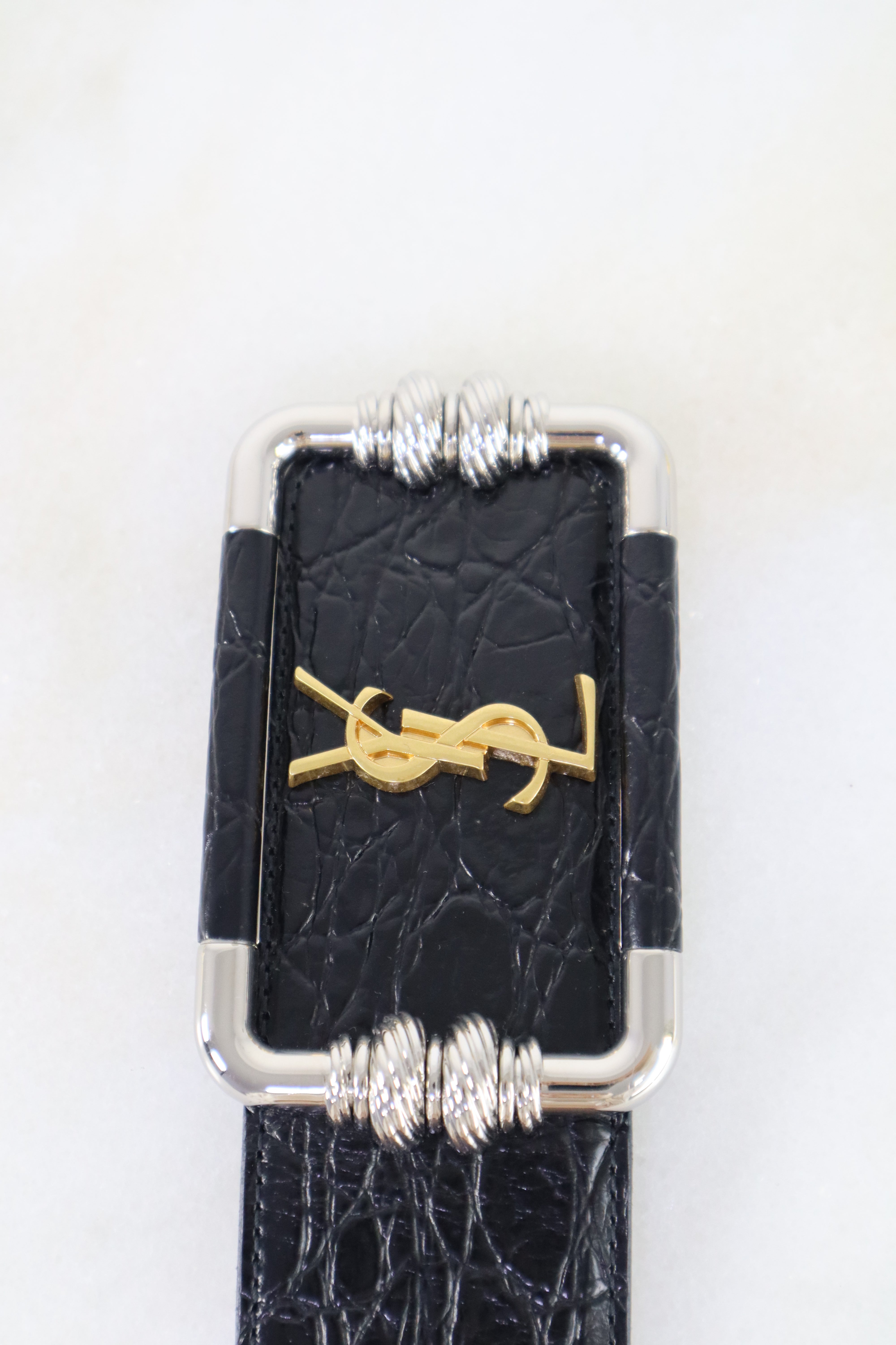 YSL Black Croco Embossed Leather Belt