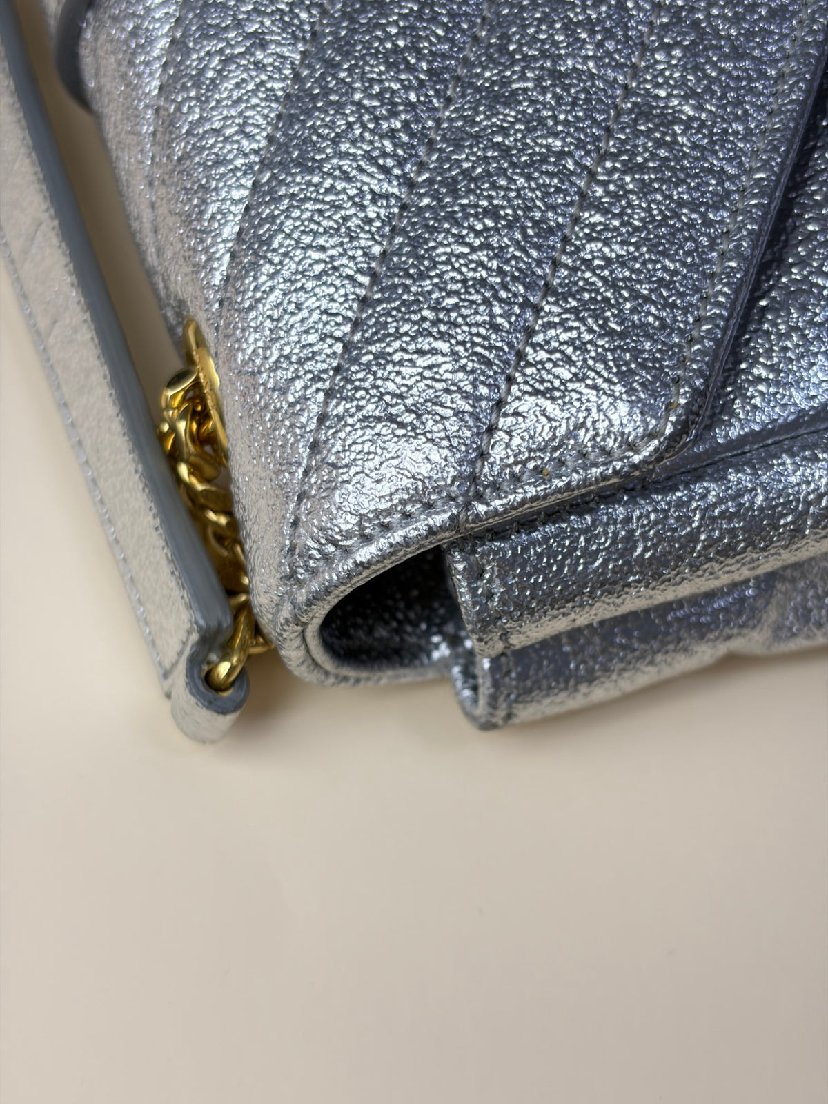 YSL silver chevron classic monogram metallic leather