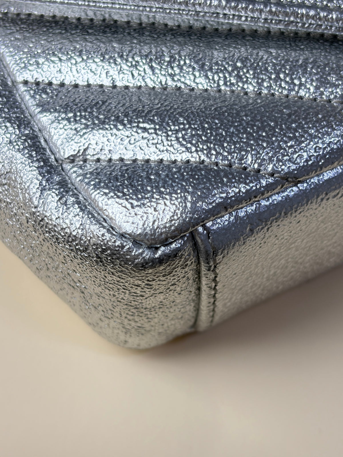 YSL silver chevron classic monogram metallic leather