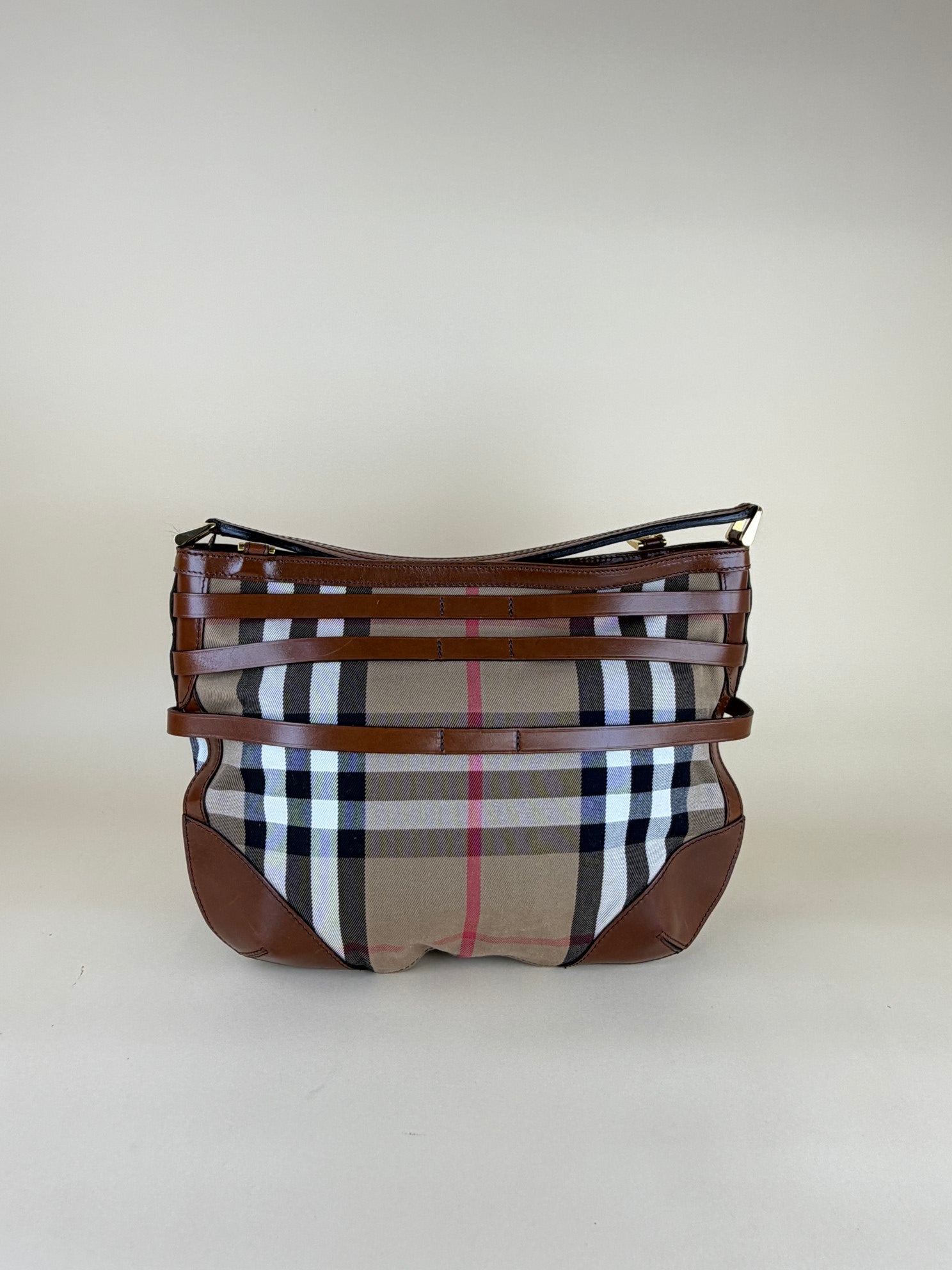Burberry Camel Dutton Bridle House Check Small Hobo Bag