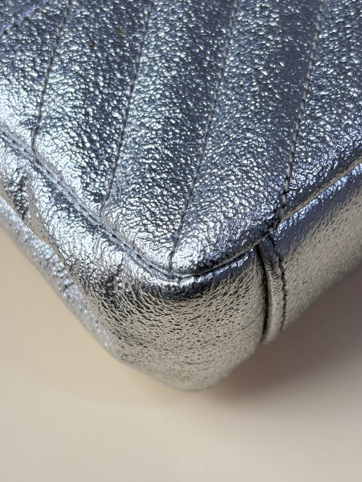 YSL silver chevron classic monogram metallic leather