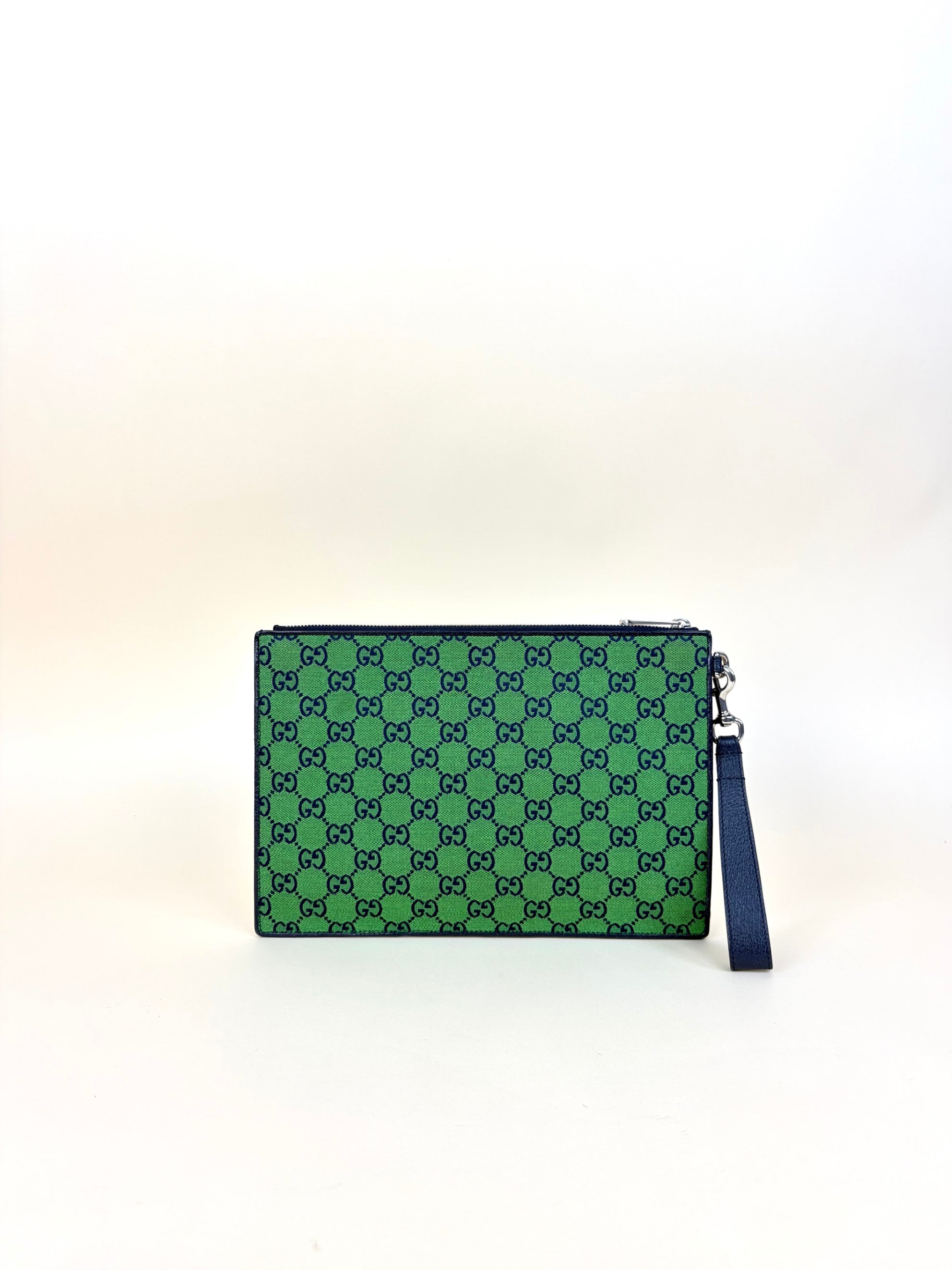 Gucci blue gg monogram multi color retro interlocking g wristlet pouch