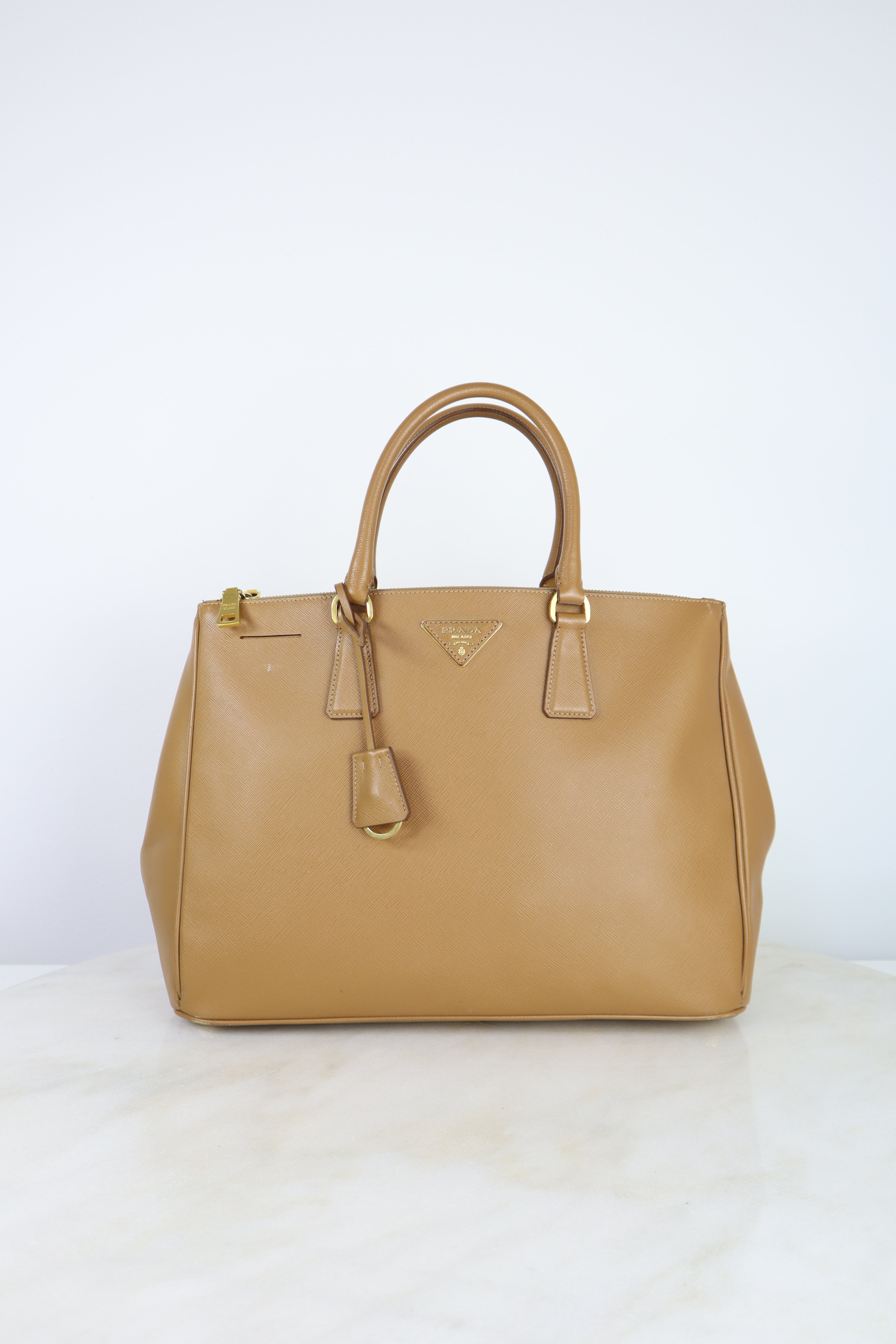 Prada Camel Double Zip Shopping Top Handle Bag