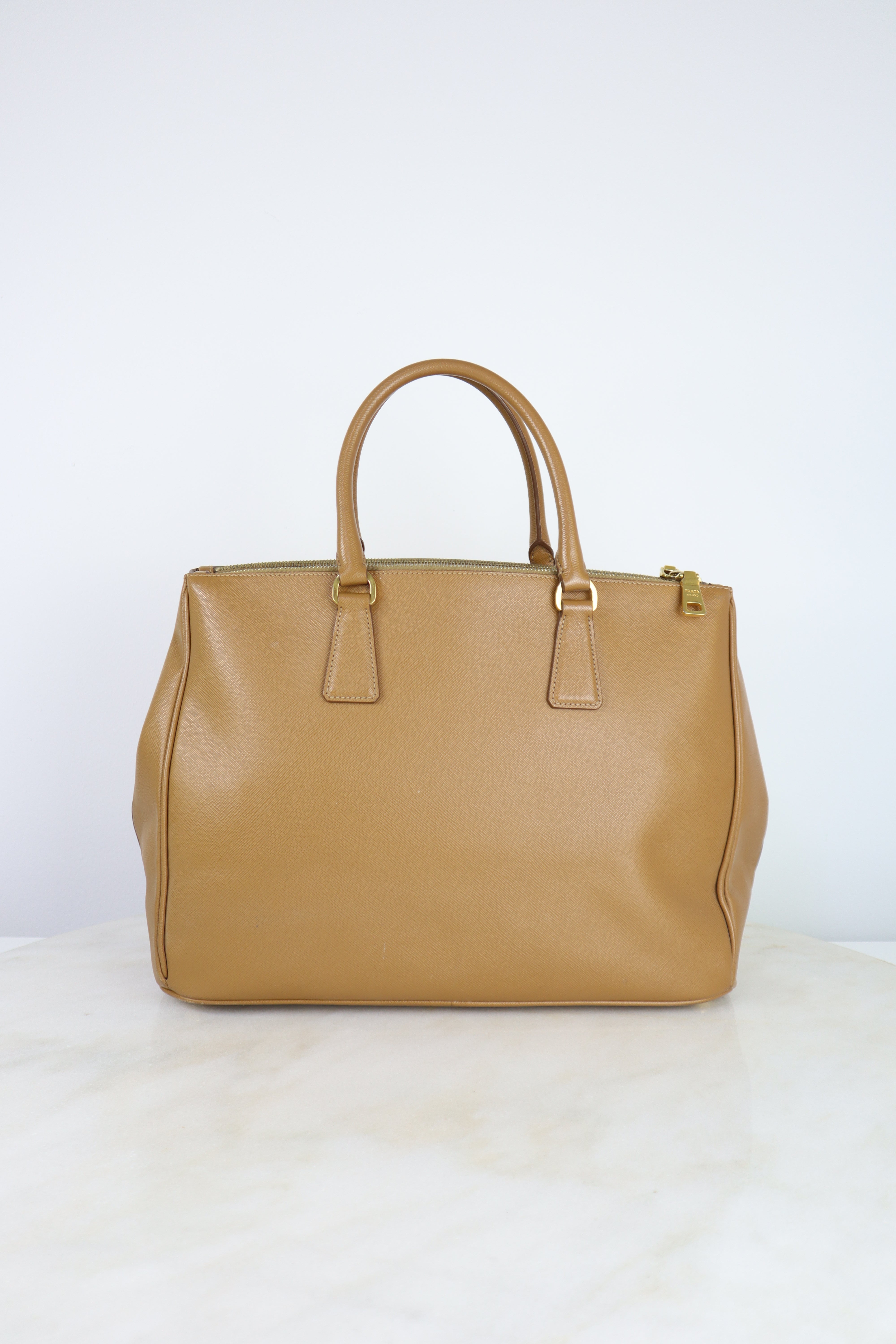 Prada Camel Double Zip Shopping Top Handle Bag