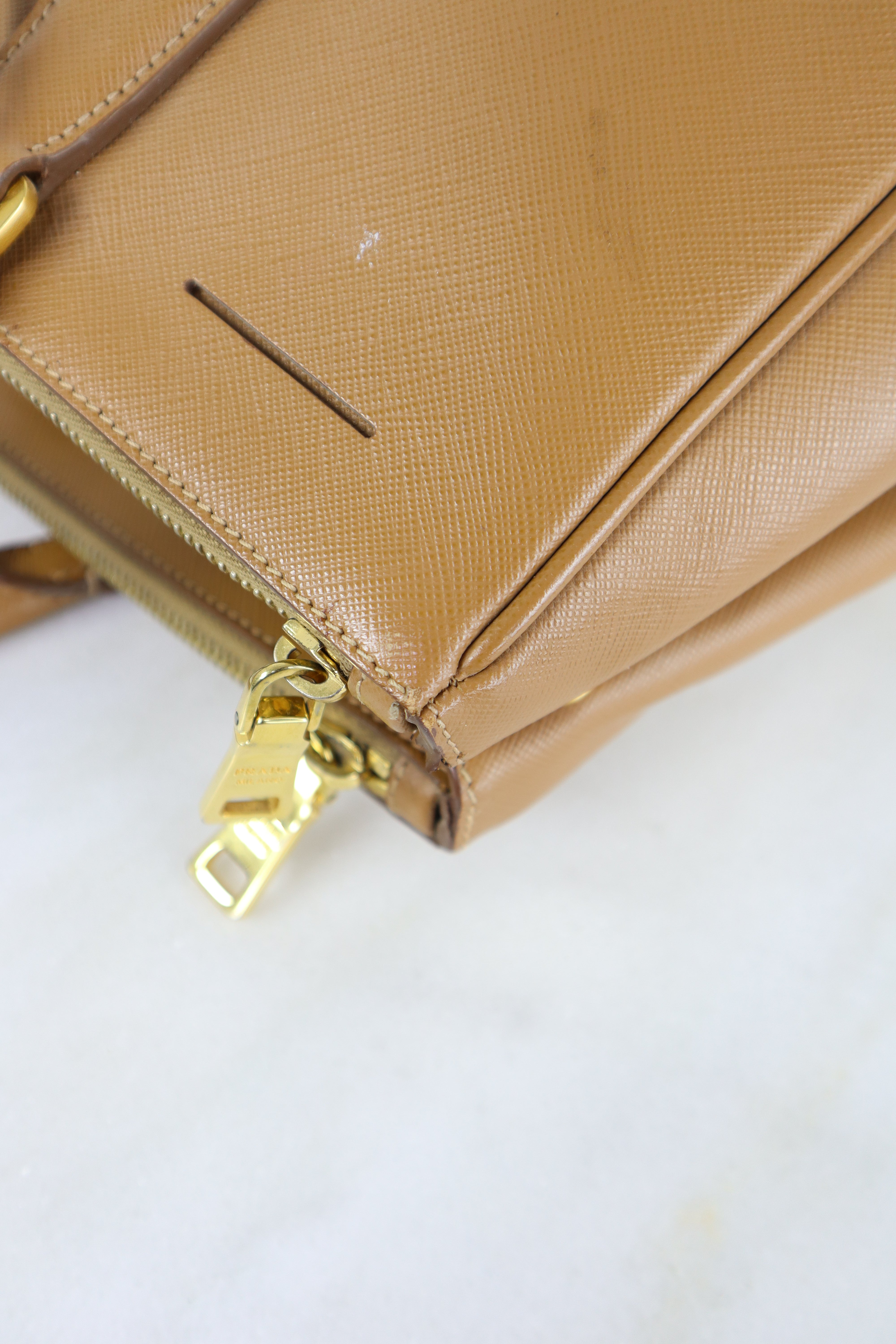 Prada Camel Double Zip Shopping Top Handle Bag