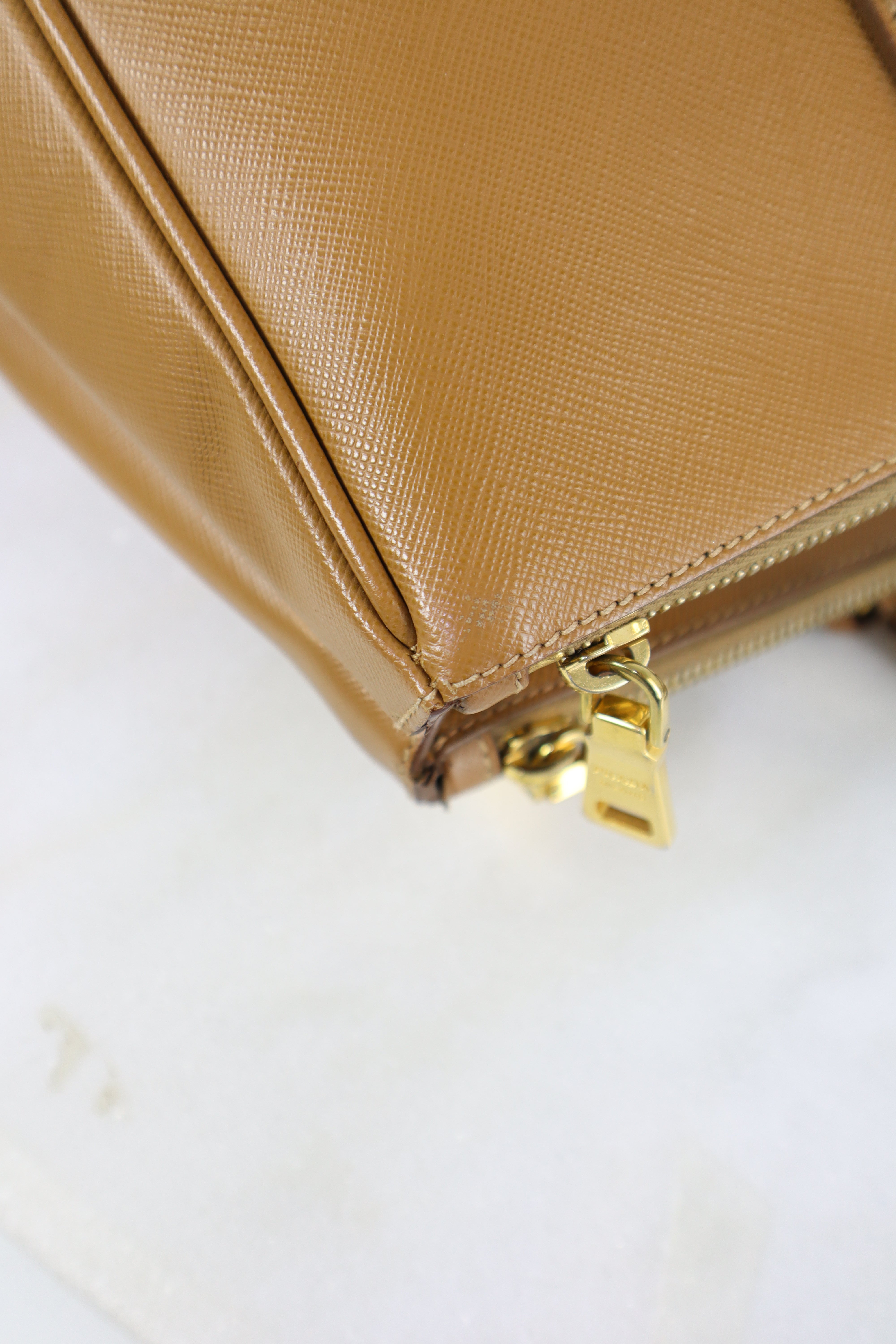 Prada Camel Double Zip Shopping Top Handle Bag
