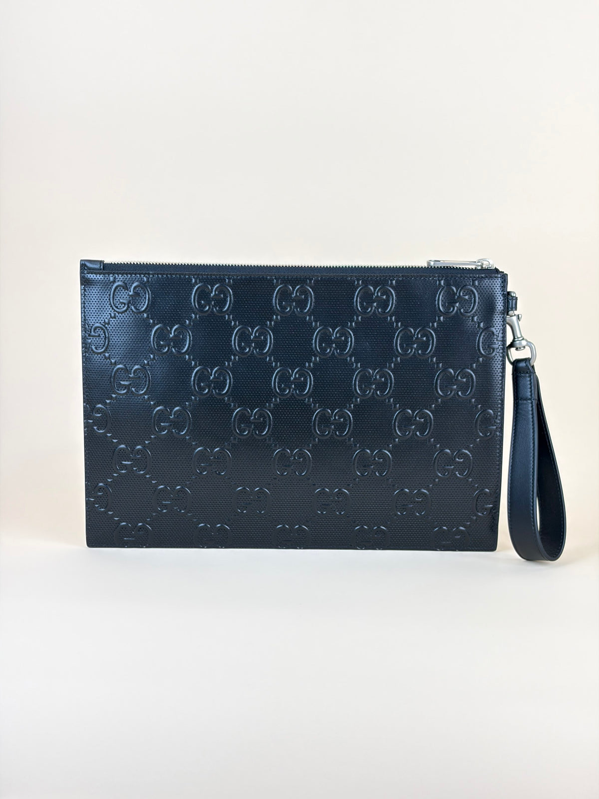 Gucci black Clutch calf skin gg tennis embossed wristlet pouch
