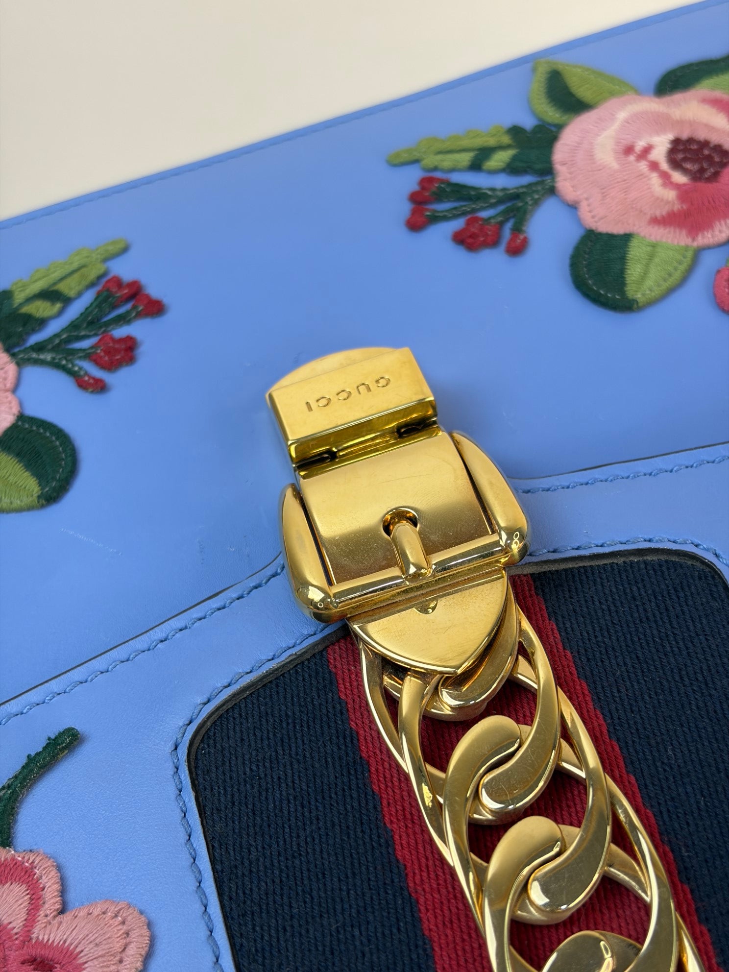 Gucci Blue Floral Embroidered Medium Sylvie Top Handle Bag with Strap