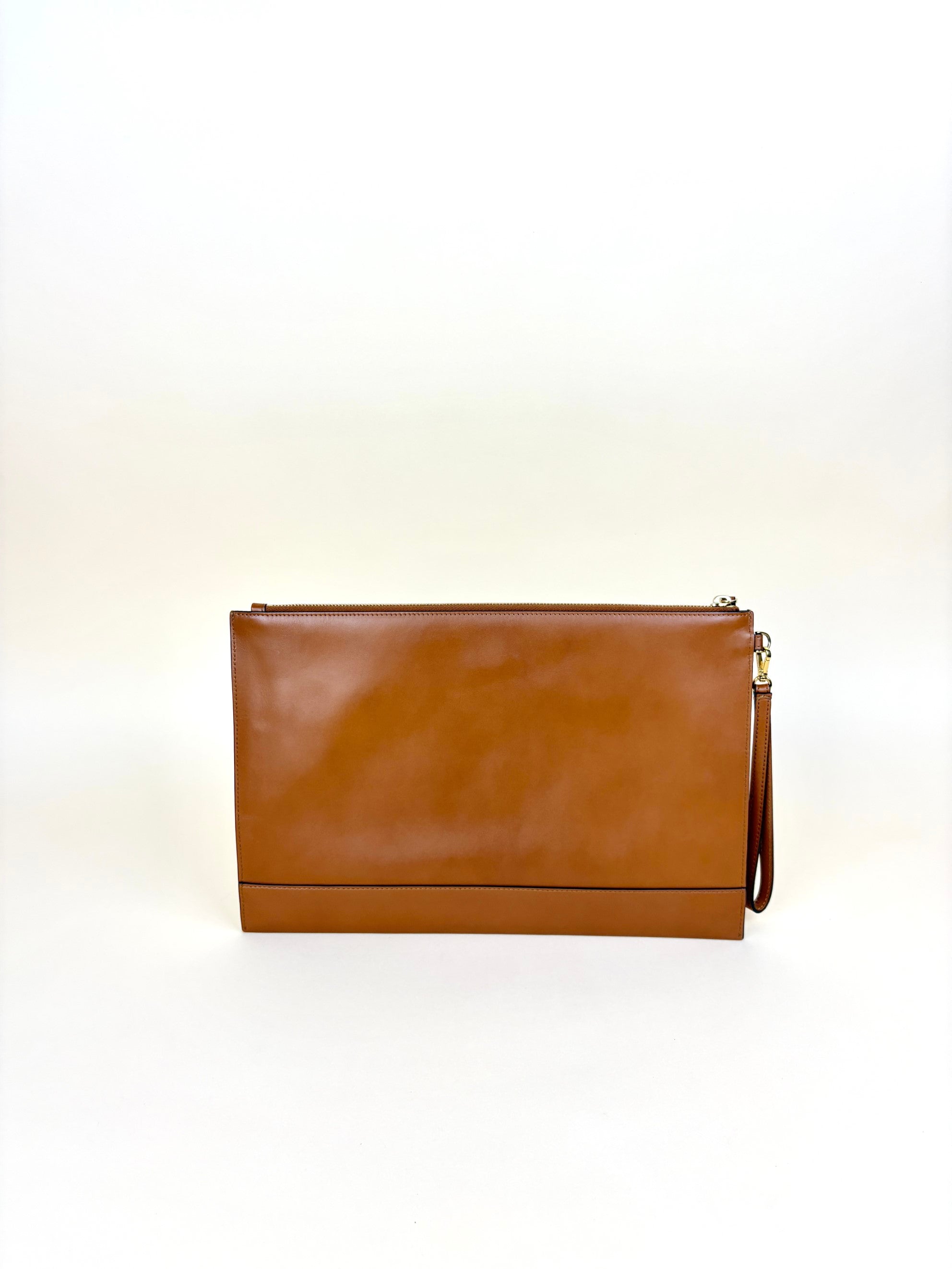 Fendi Camel Vitello King Fendi Roma Logo Embossed Flat Large Pouch