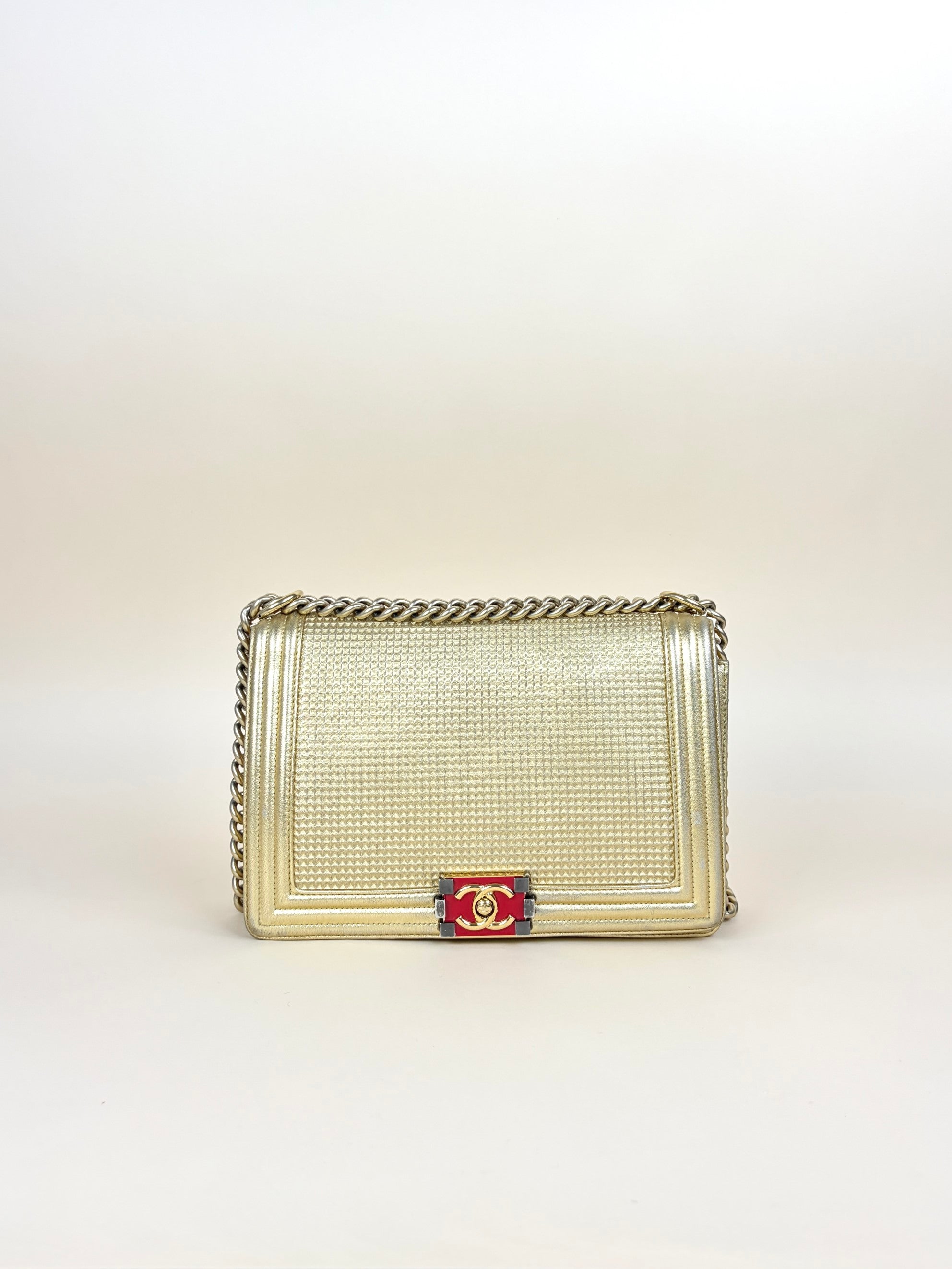 Chanel metallic gold lambskin cube embossed new medium