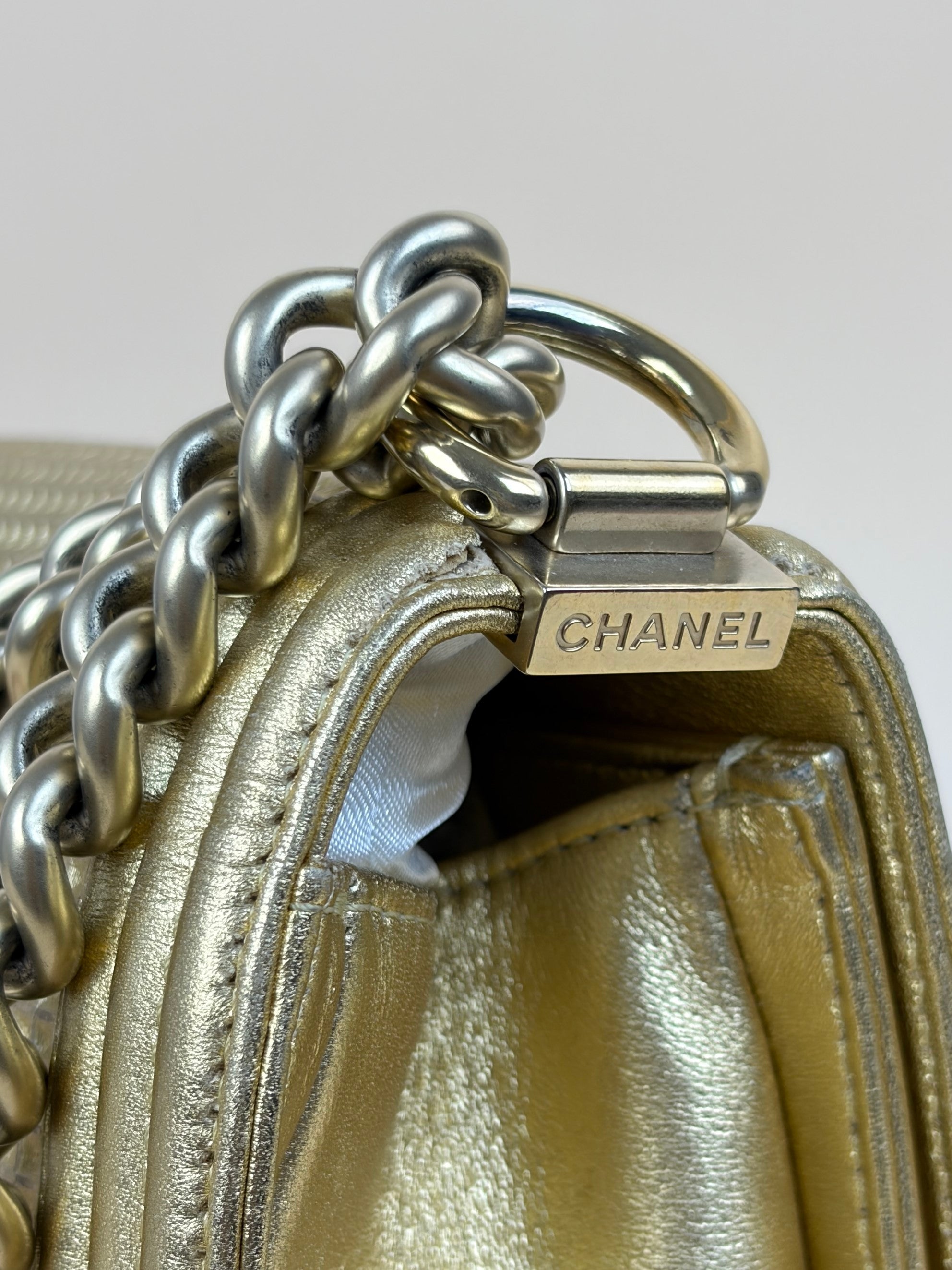 Chanel metallic gold lambskin cube embossed new medium