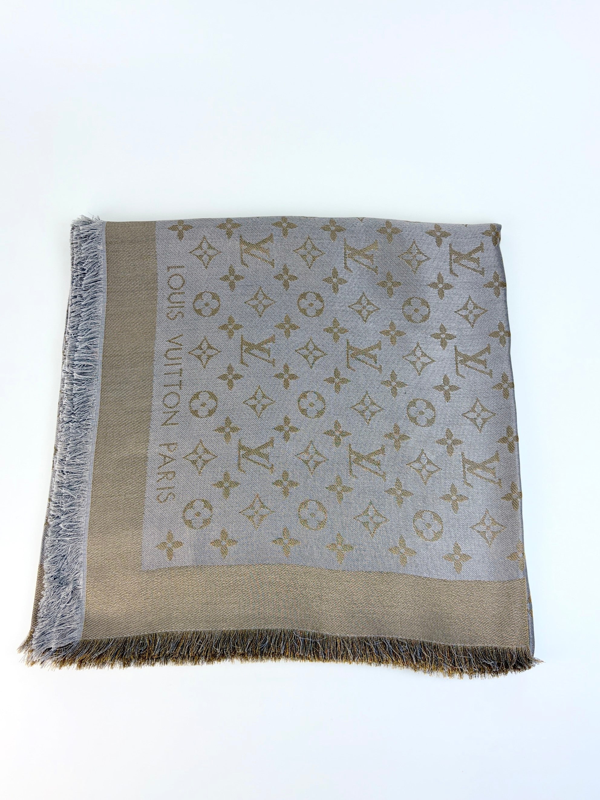 louis Vuitton grey monogram shine silk wool shawl
