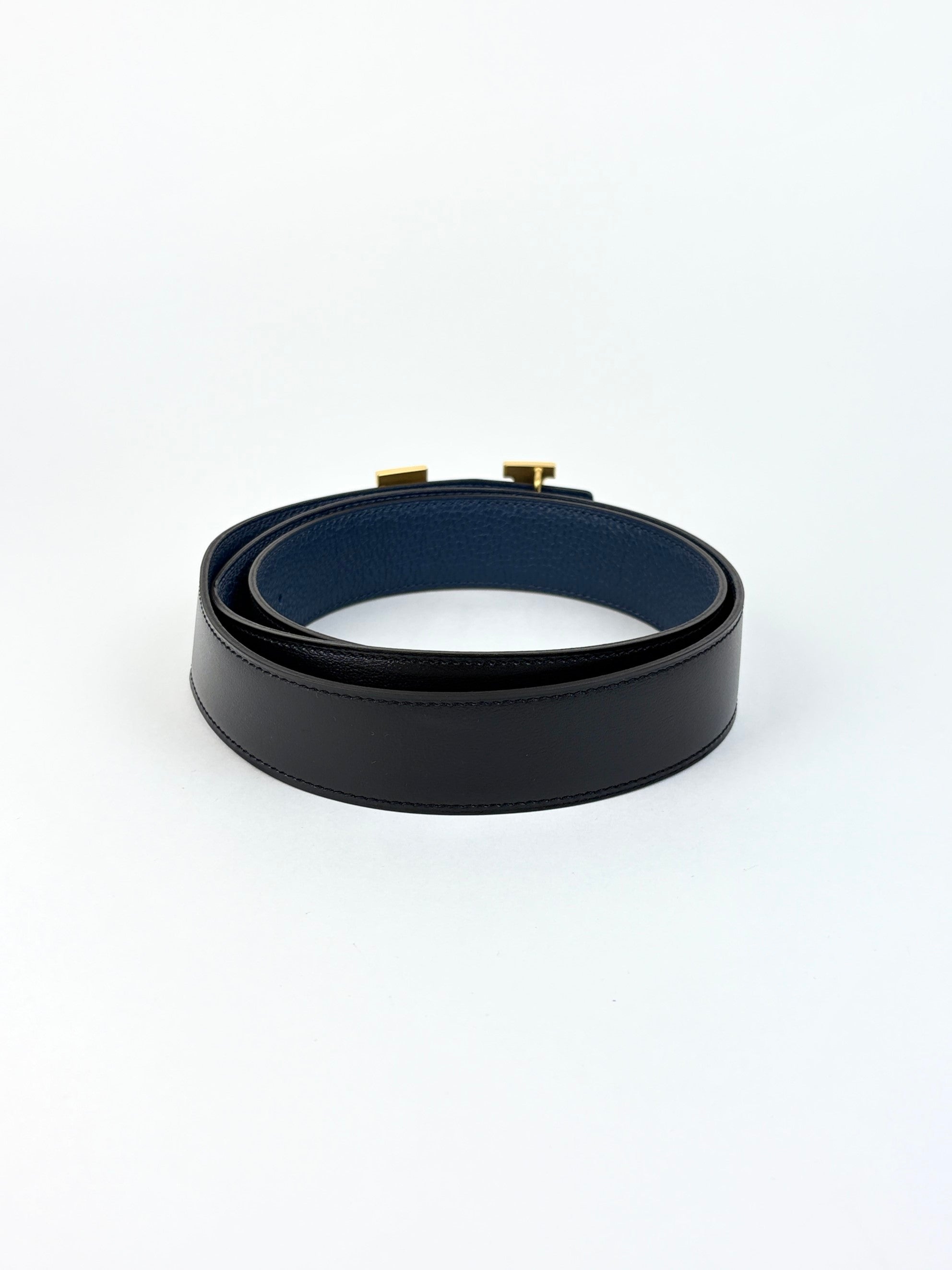 Hermes noir /blue nuit box 135and togo calfskin erversible H buckle gold plated belt