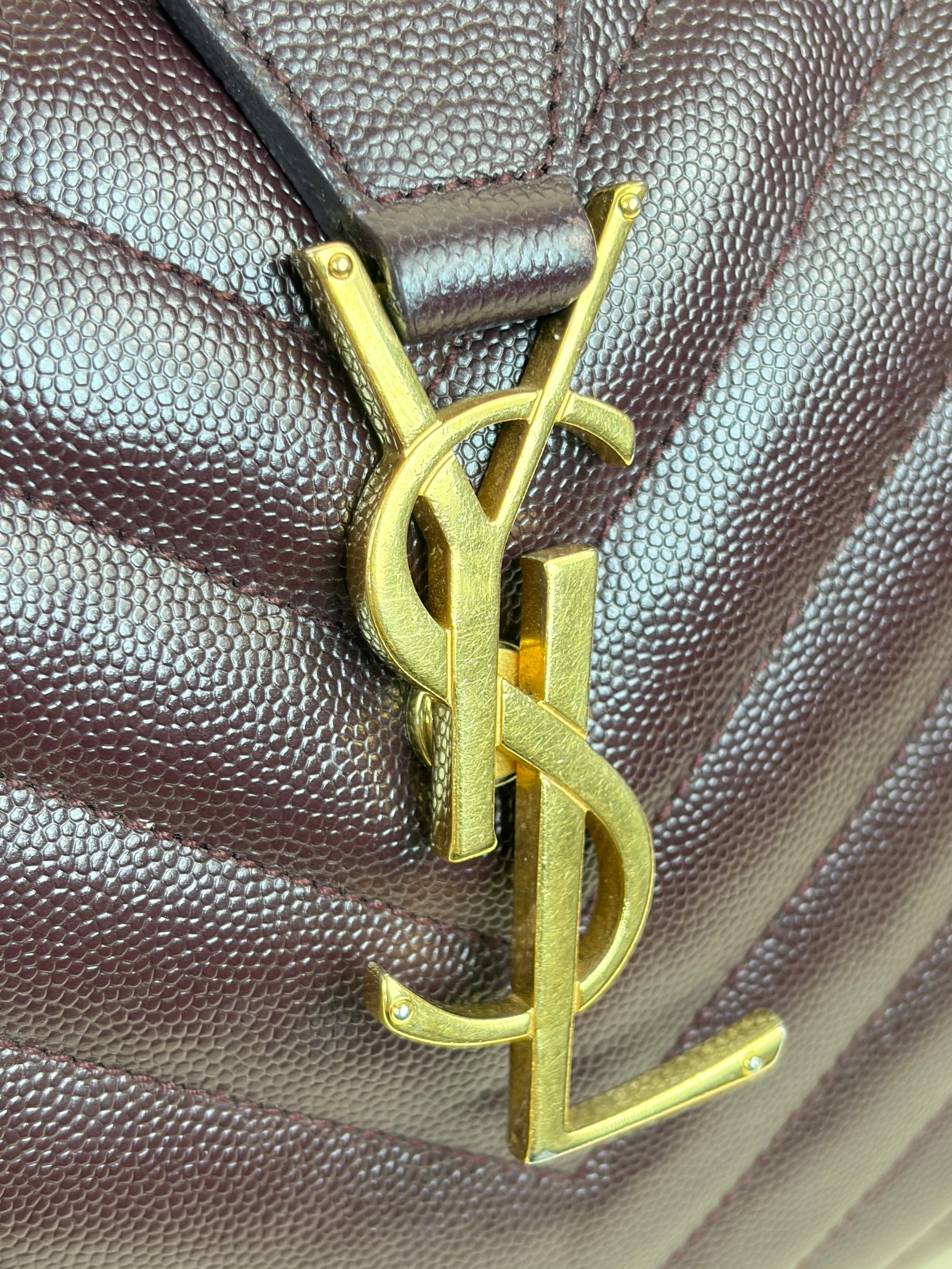 YSL Burgundy Chevron Quilted Cassandre Monogram Shopper Bag