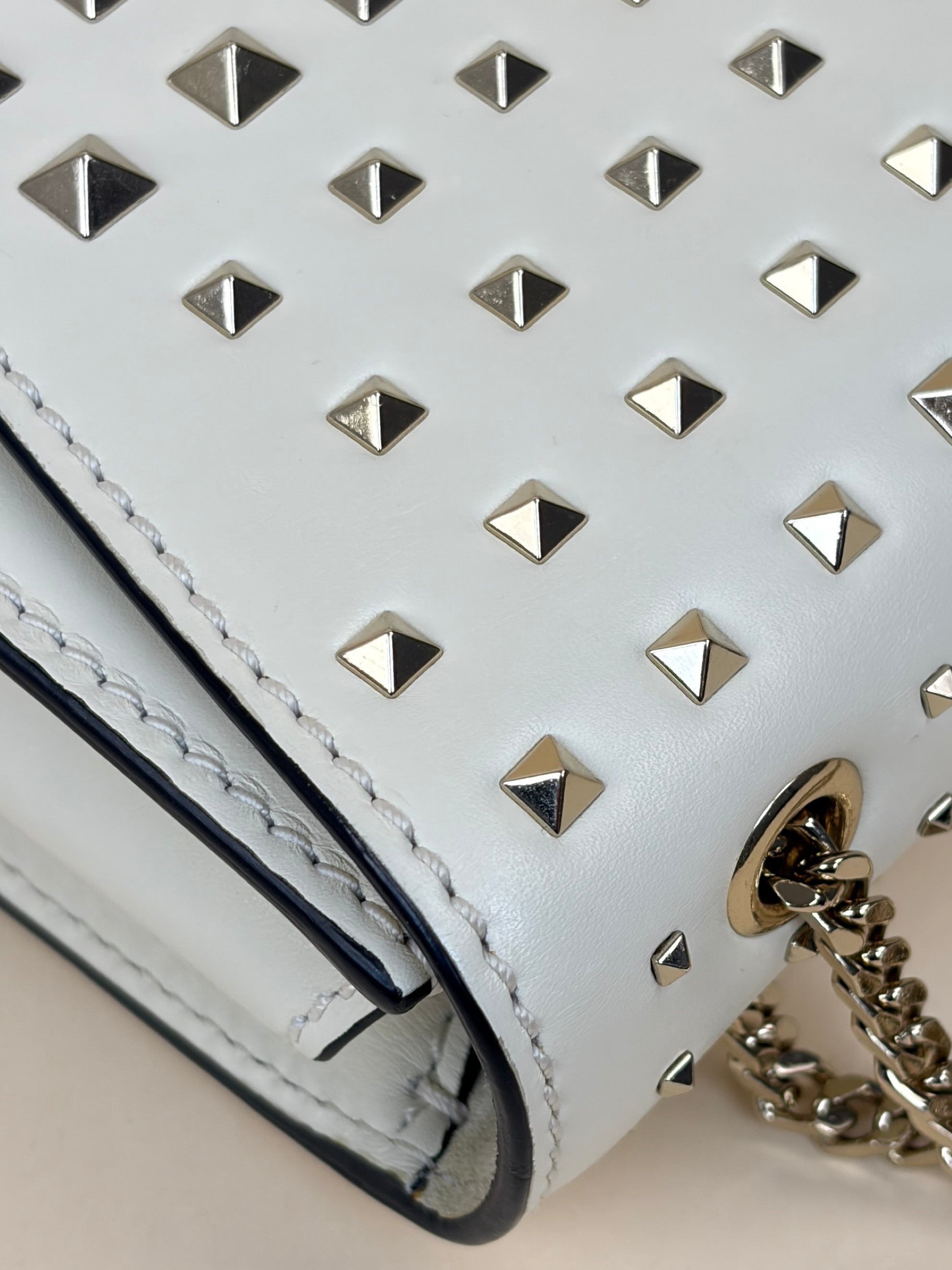 Valentino Light Ivory Vitello Small Rockstud All Over Demilune Shoulder Bag